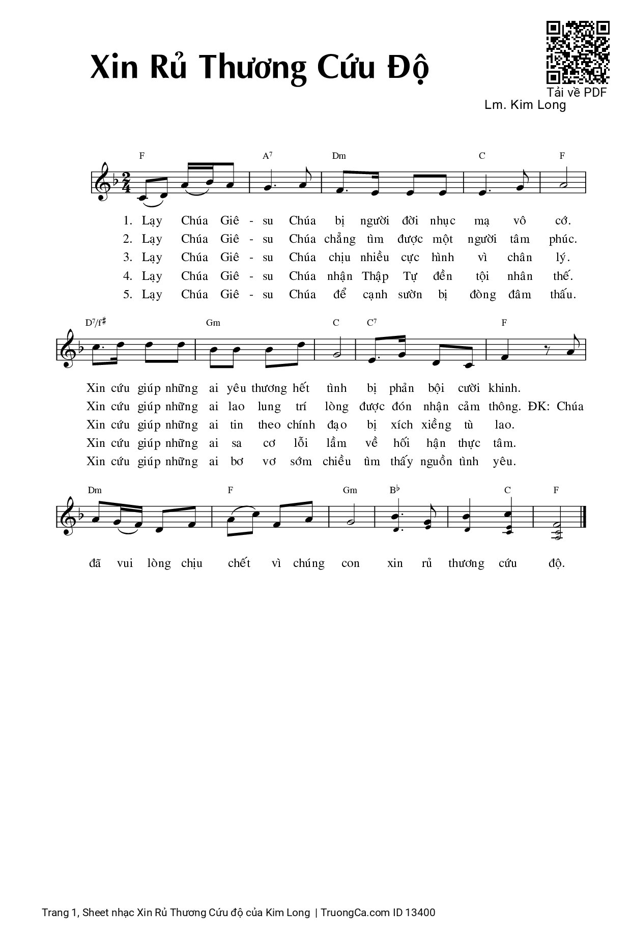 Page 1 of Sheet music PDF Xin Rủ Thương Cứu độ - Kim Long