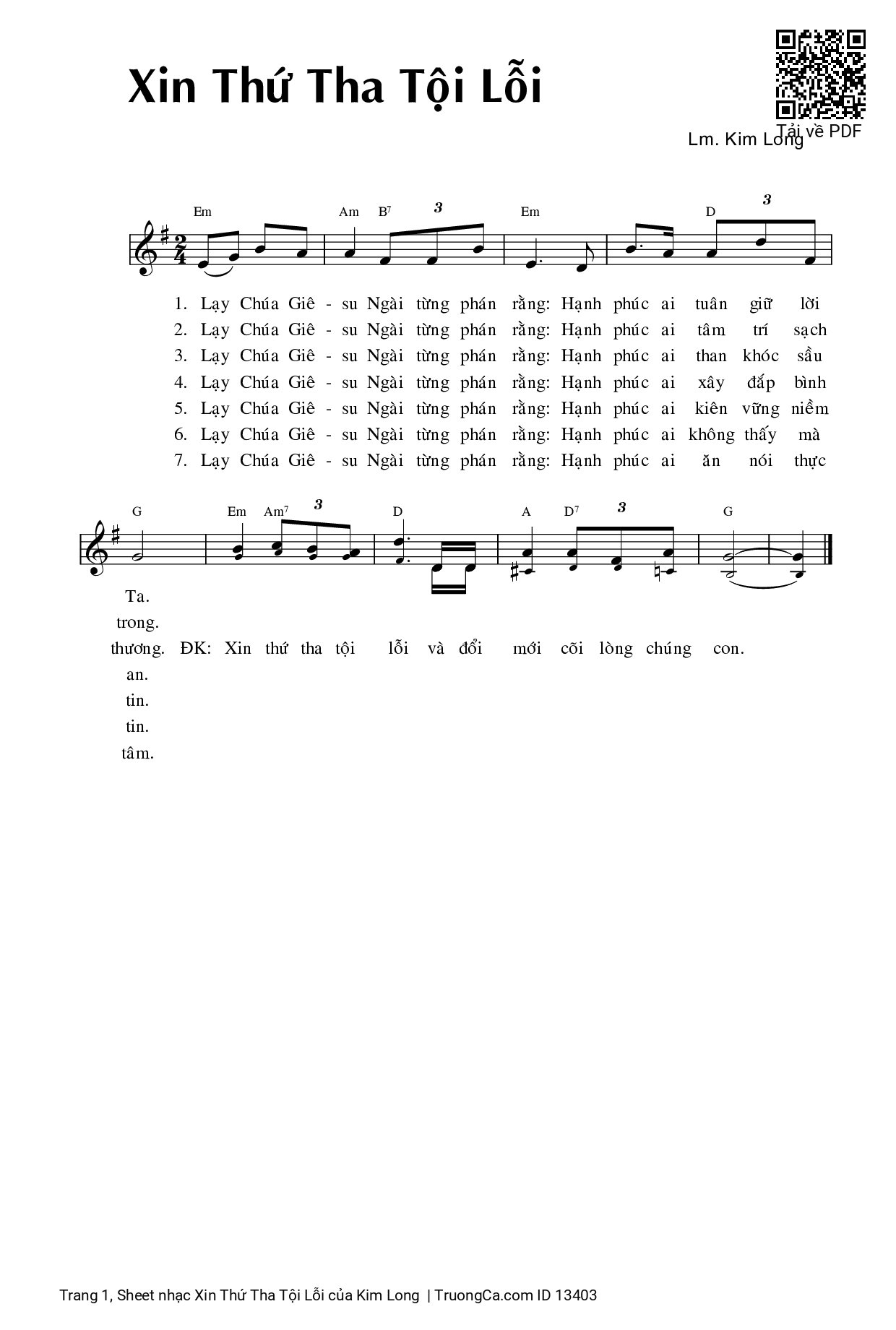 Sheet PDF of Xin Thứ Tha Tội Lỗi