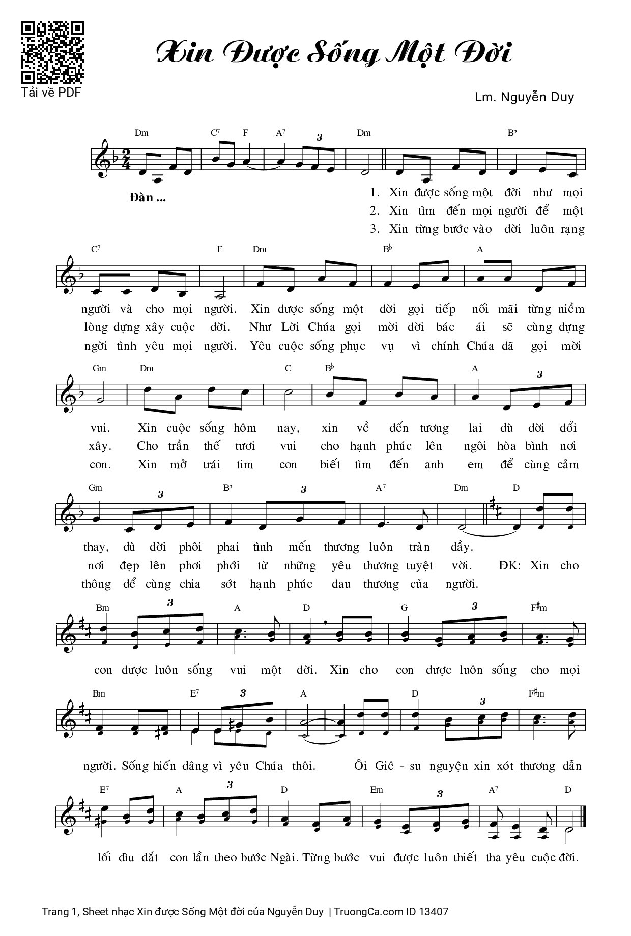 Sheet PDF of Xin được Sống Một đời