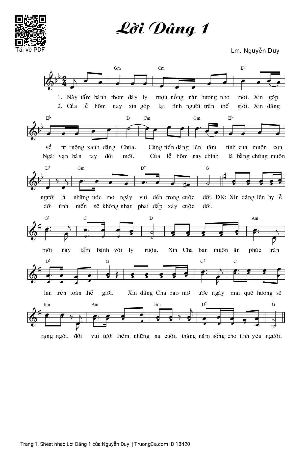 Sheet PDF of Lời Dâng 1 - Nguyễn Duy
