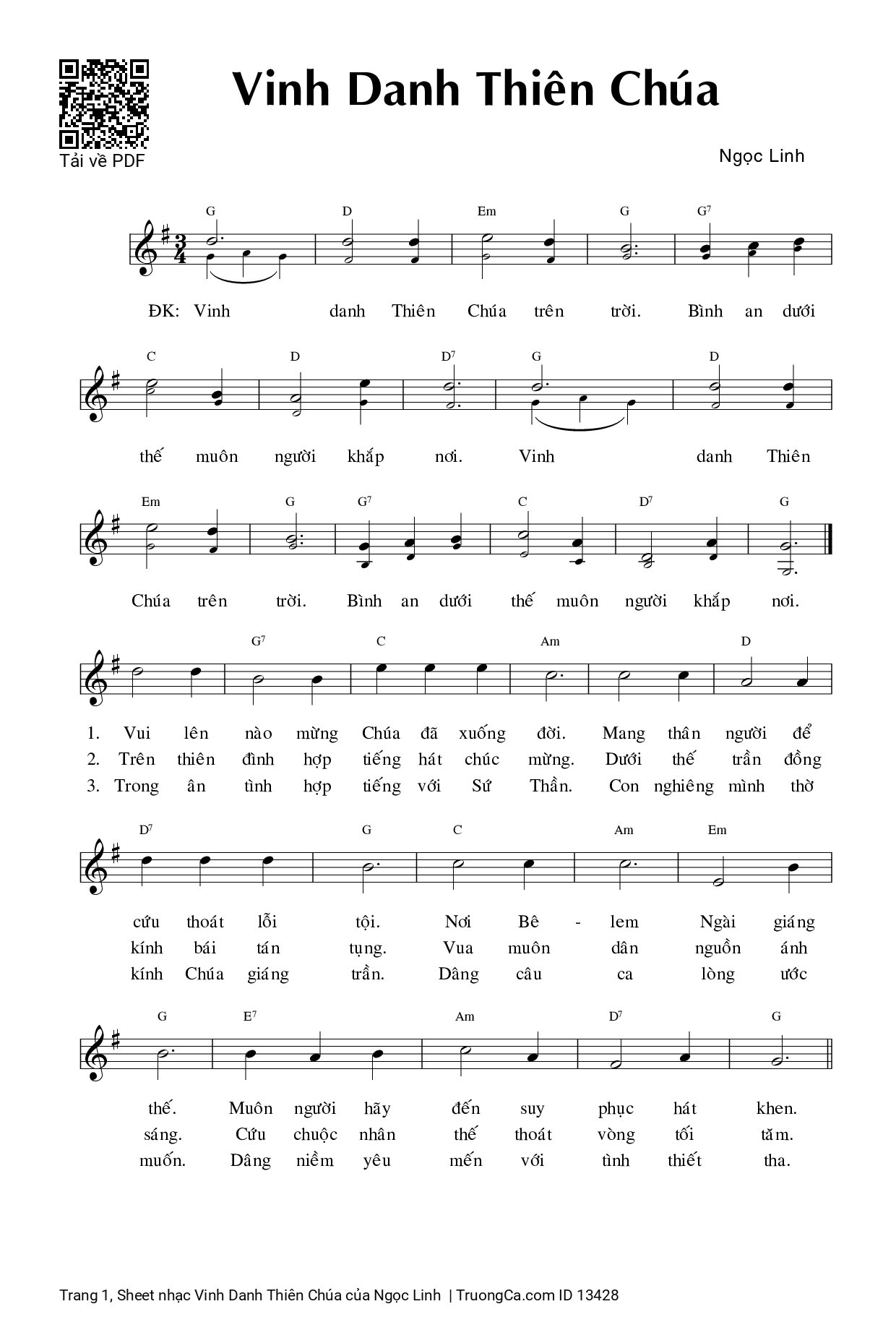 Page 1 of Sheet music PDF Vinh Danh Thiên Chúa - Ngọc Linh