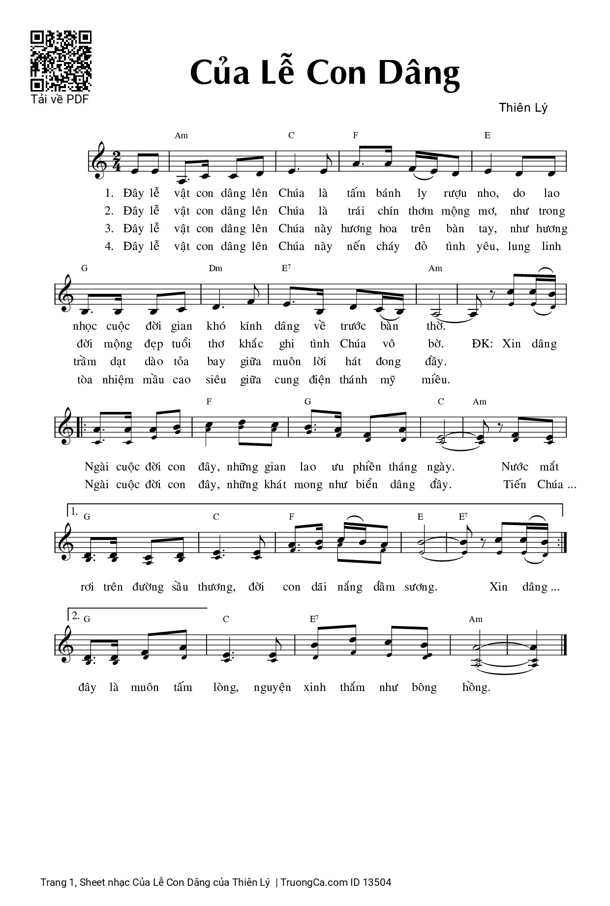 Page 1 of Sheet music PDF Của Lễ Con Dâng - Thiên Lý