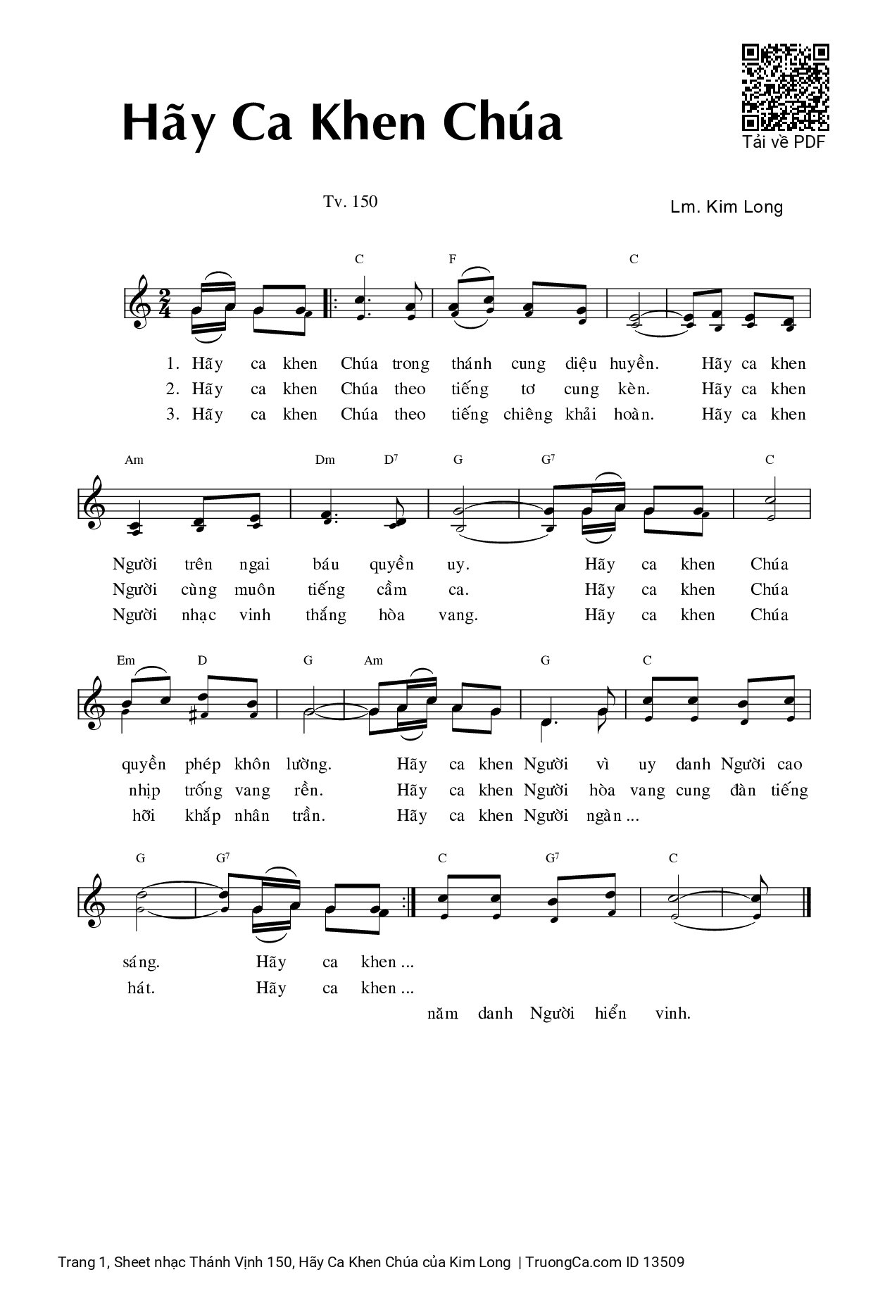 Page 1 of Sheet music PDF Thánh Vịnh 150, Hãy Ca Khen Chúa - Kim Long