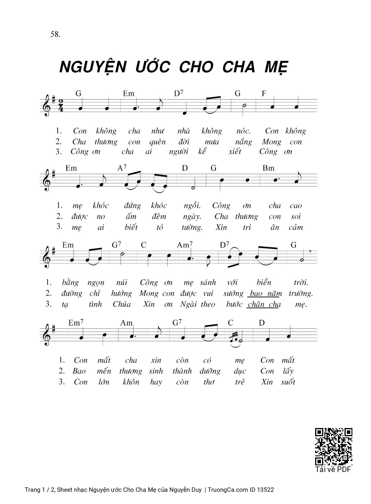 Sheet PDF of Nguyện ước Cho Cha Mẹ