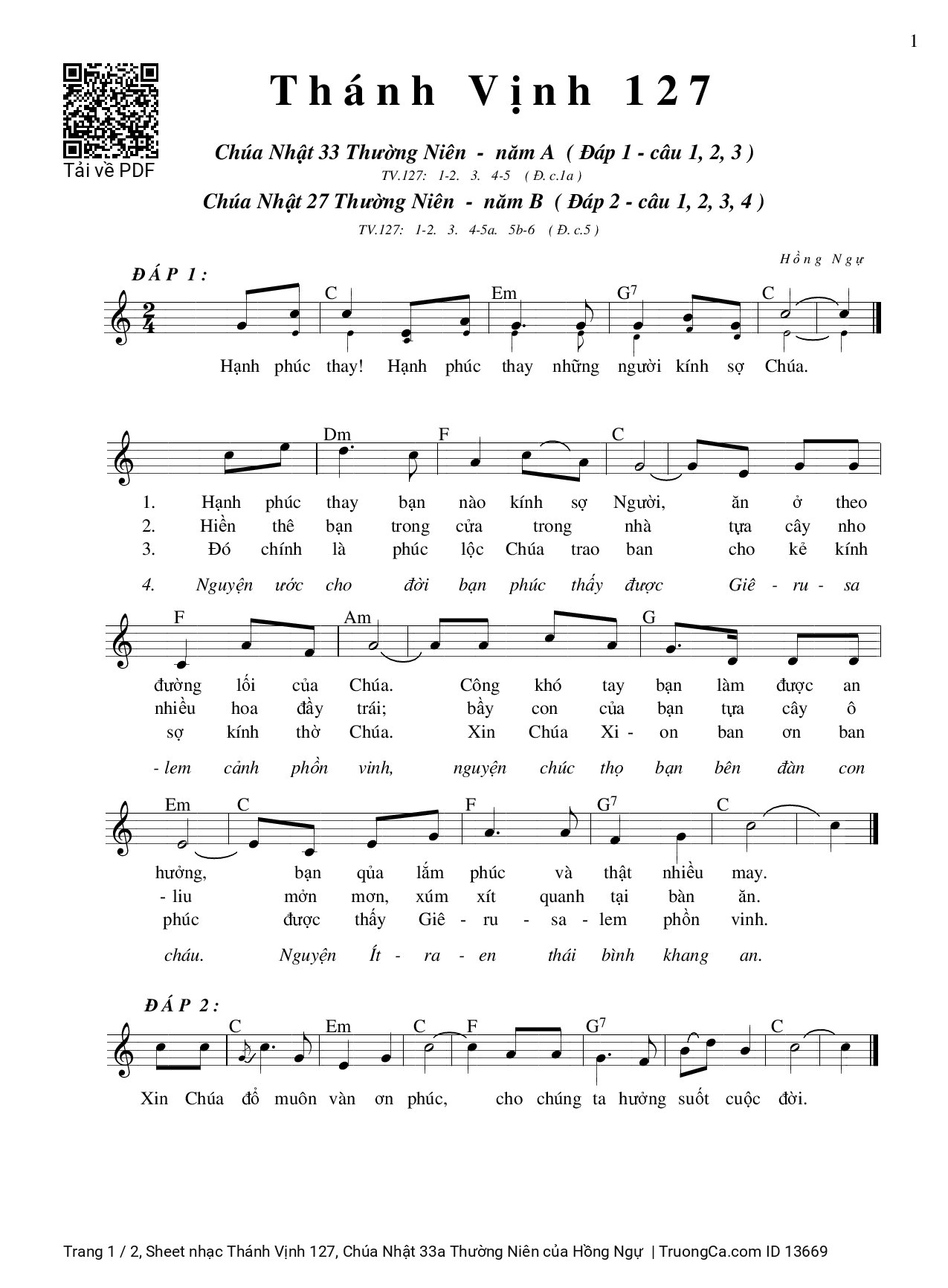 Page 1 of Sheet music PDF Thánh Vịnh 127, Chúa Nhật 33a Thường Niên - Hồng Ngự