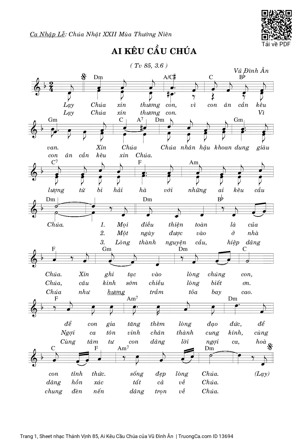 Page 1 of Sheet music PDF Thánh Vịnh 85, Ai Kêu Cầu Chúa - Vũ Đình Ân