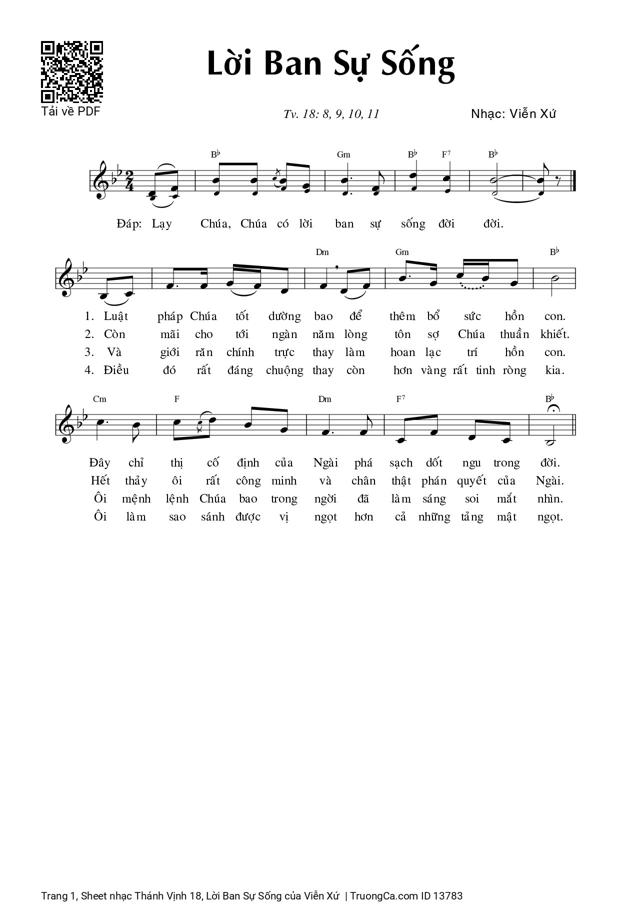 Sheet PDF of Thánh Vịnh 18, Lời Ban Sự Sống