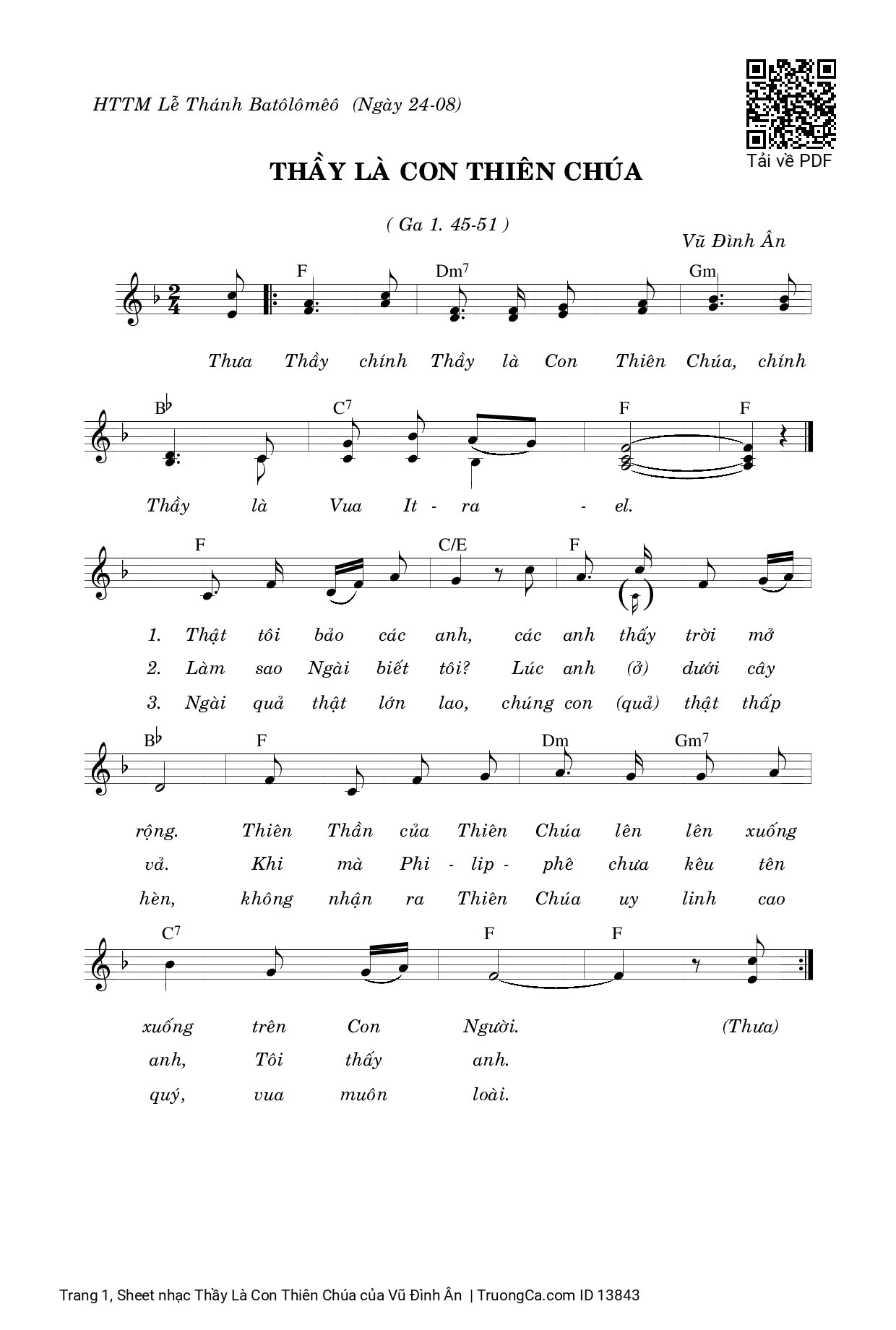 Page 1 of Sheet music PDF Thầy Là Con Thiên Chúa - Vũ Đình Ân