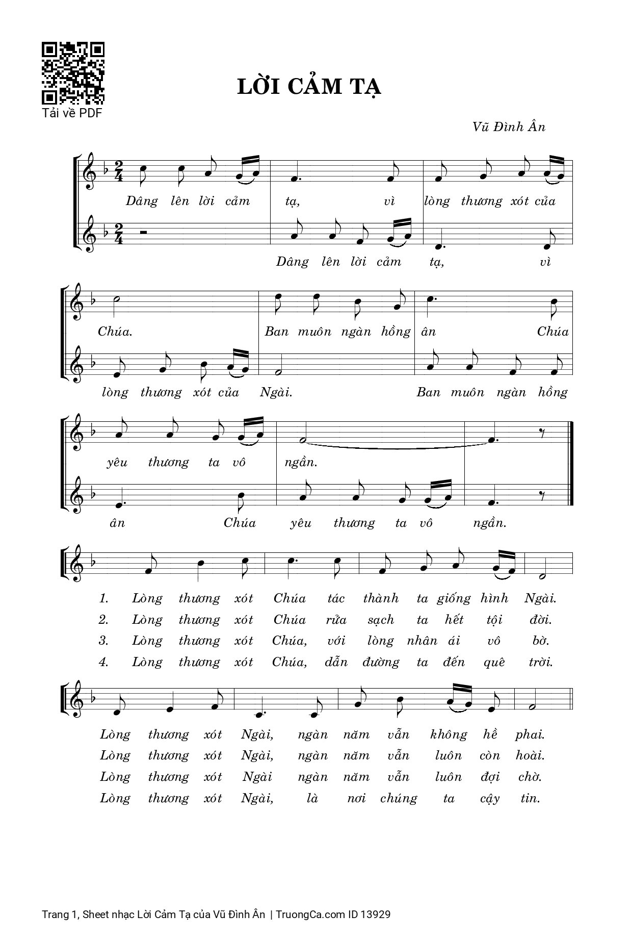 Sheet PDF of Lời Cảm Tạ