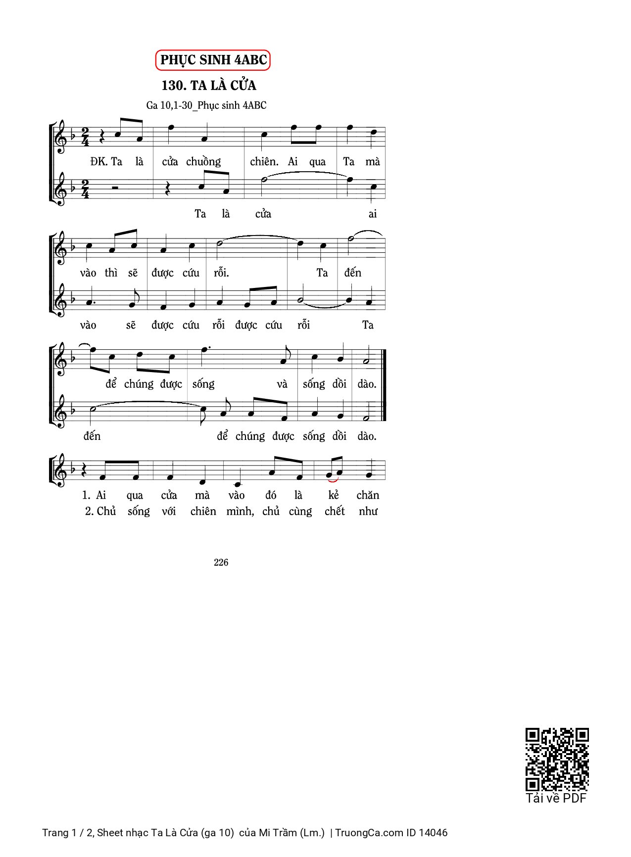 Sheet PDF of Ta Là Cửa (ga 10) 