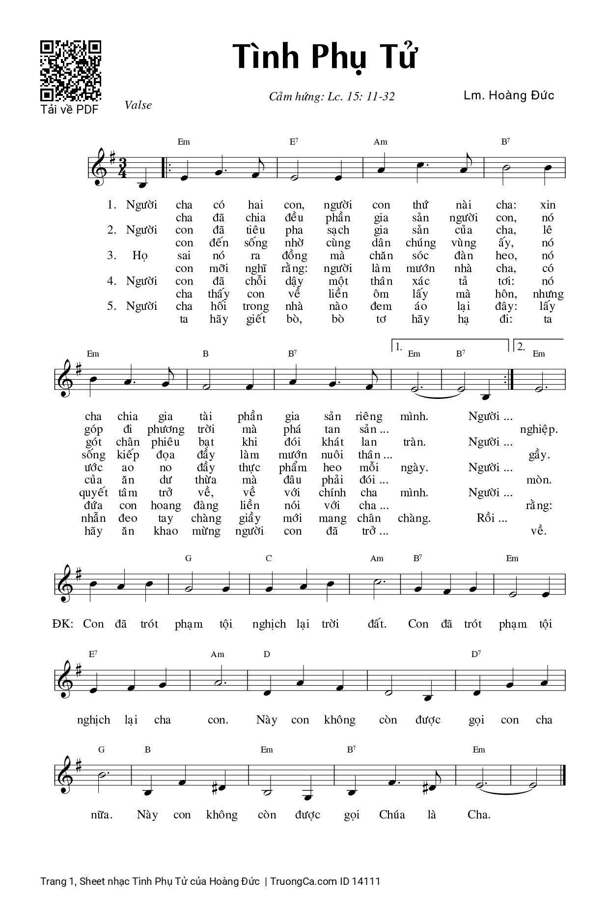 Page 1 of Sheet music PDF Tình Phụ Tử - Hoàng Đức