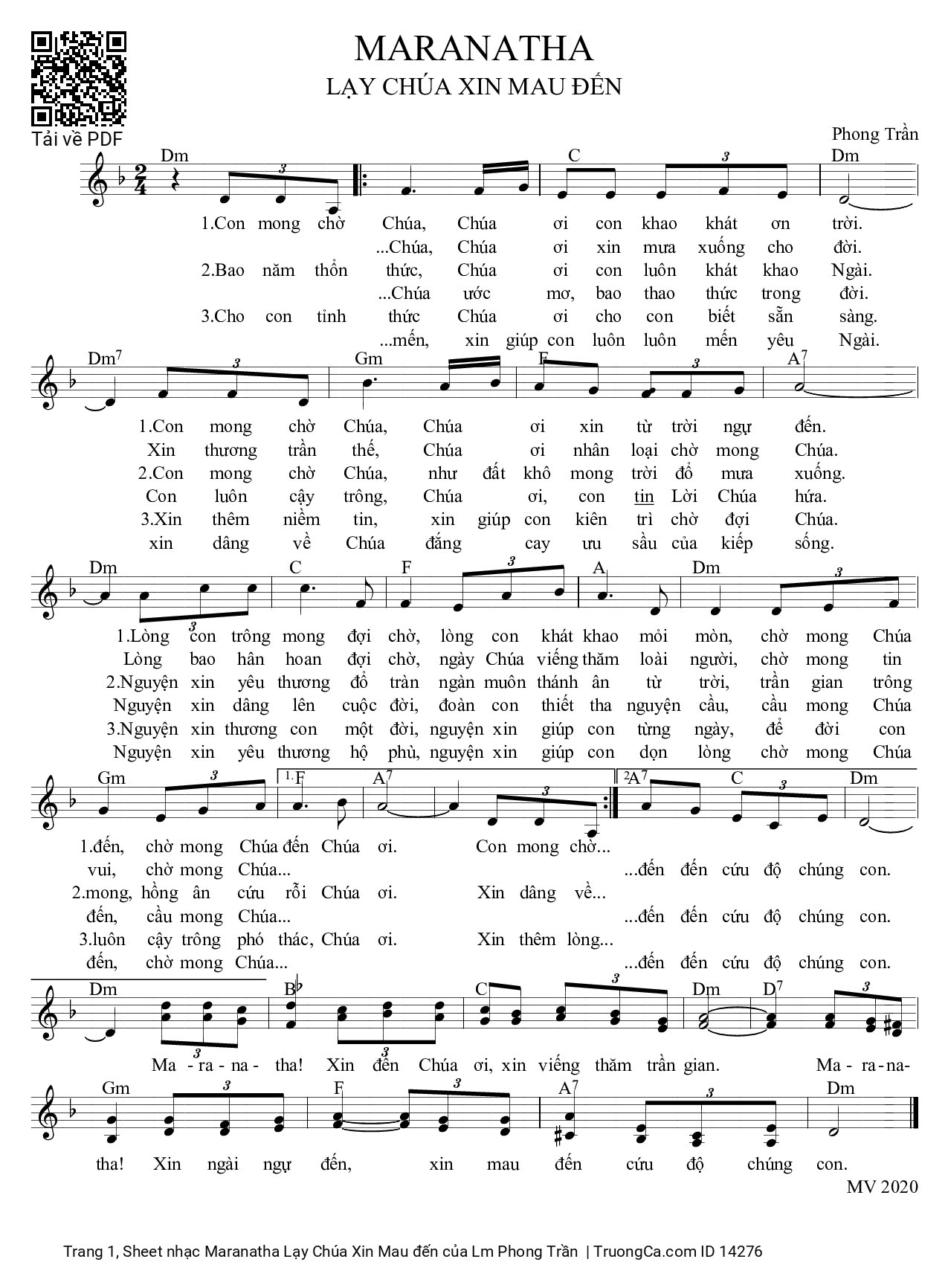 Sheet PDF of Maranatha Lạy Chúa Xin Mau đến