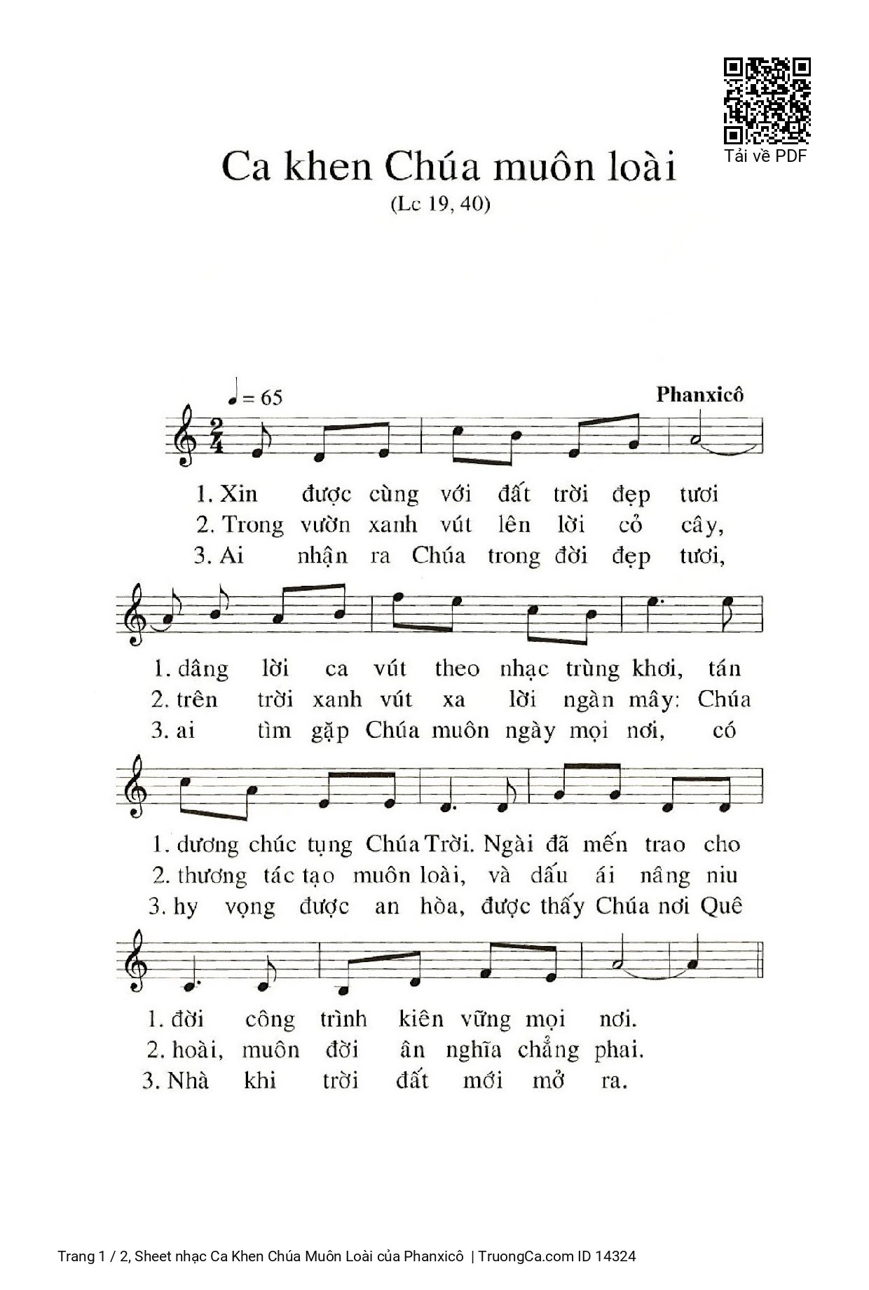 Sheet PDF of Ca Khen Chúa Muôn Loài