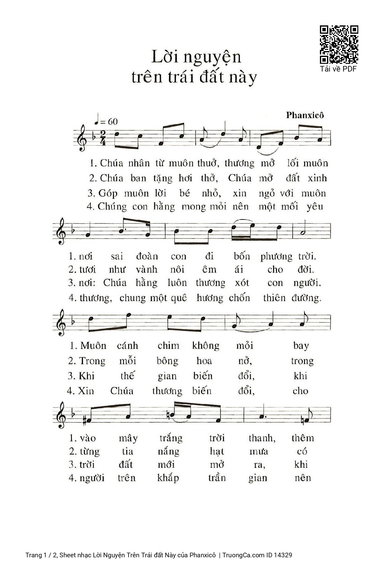 Sheet PDF of Lời Nguyện Trên Trái đất Này