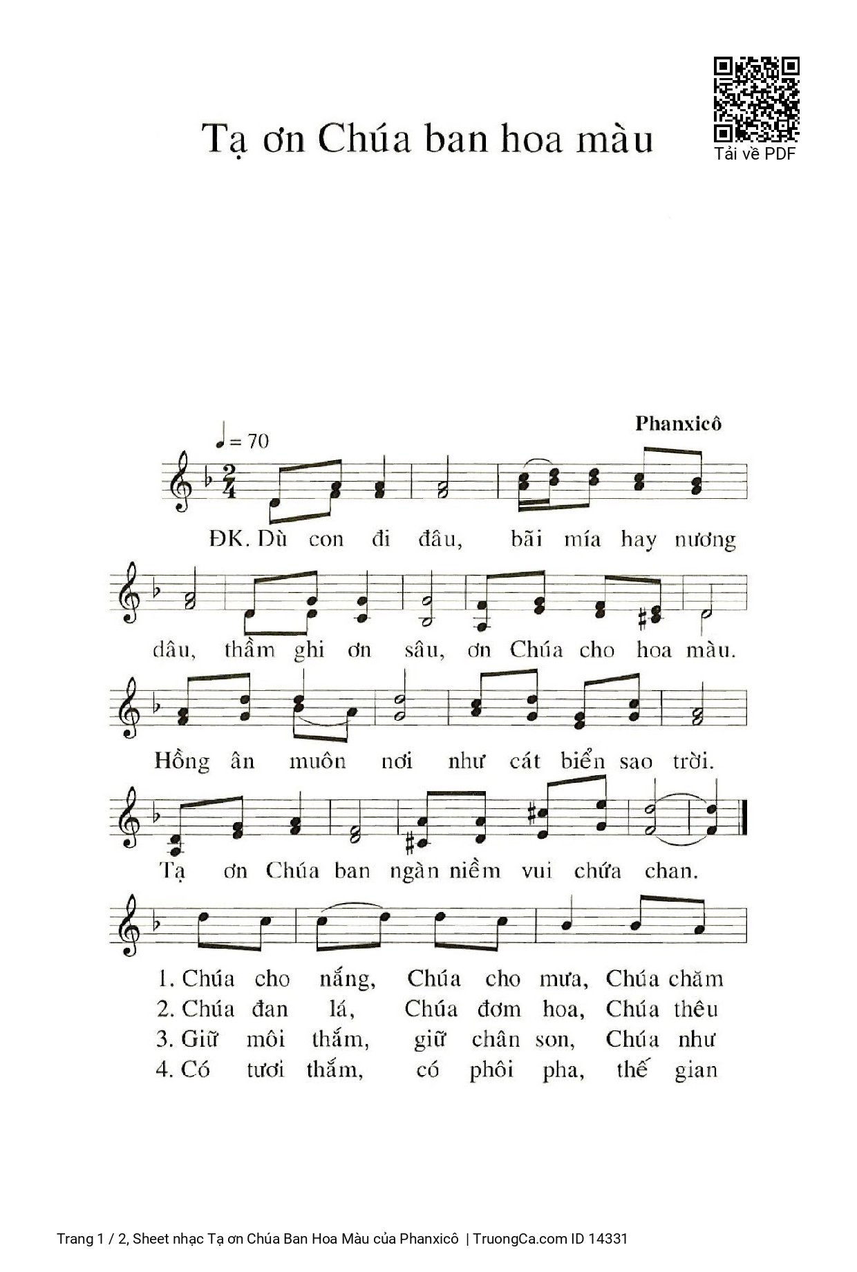 Page 1 of Sheet music PDF Tạ ơn Chúa Ban Hoa Màu - Phanxicô