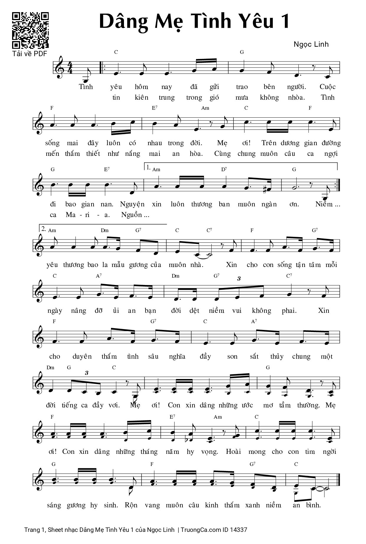 Page 1 of Sheet music PDF Dâng Mẹ Tình Yêu 1 - Ngọc Linh