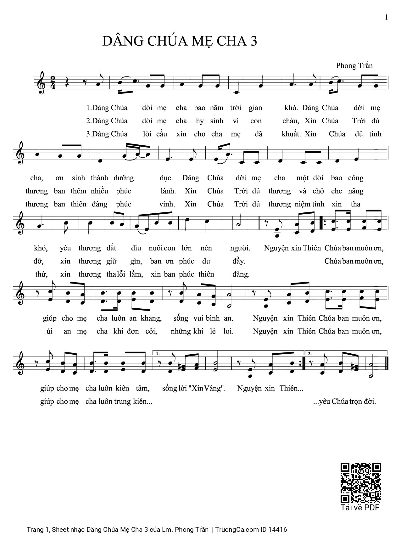 Page 1 of Sheet music PDF Dâng Chúa Mẹ Cha 3 - Lm. Phong Trần