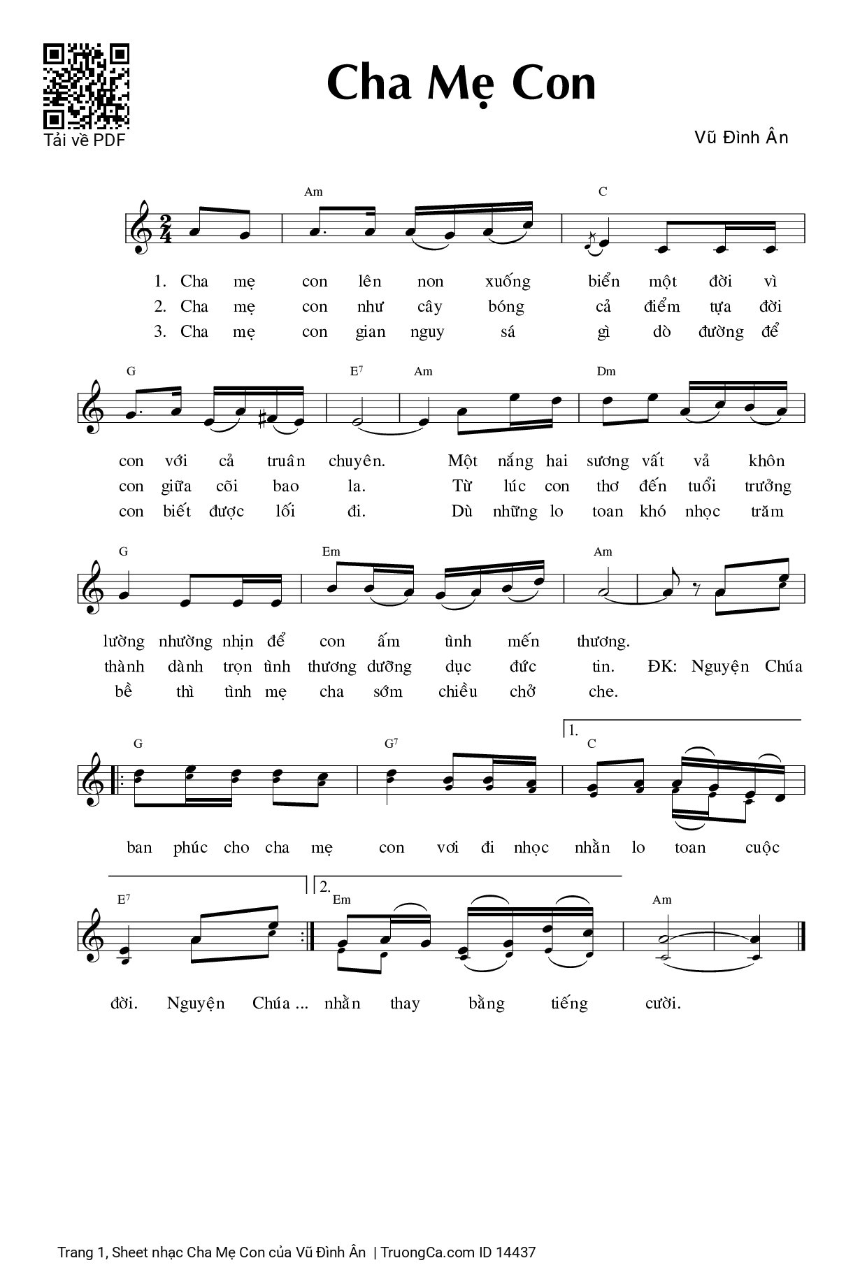 Page 1 of Sheet music PDF Cha Mẹ Con - Vũ Đình Ân