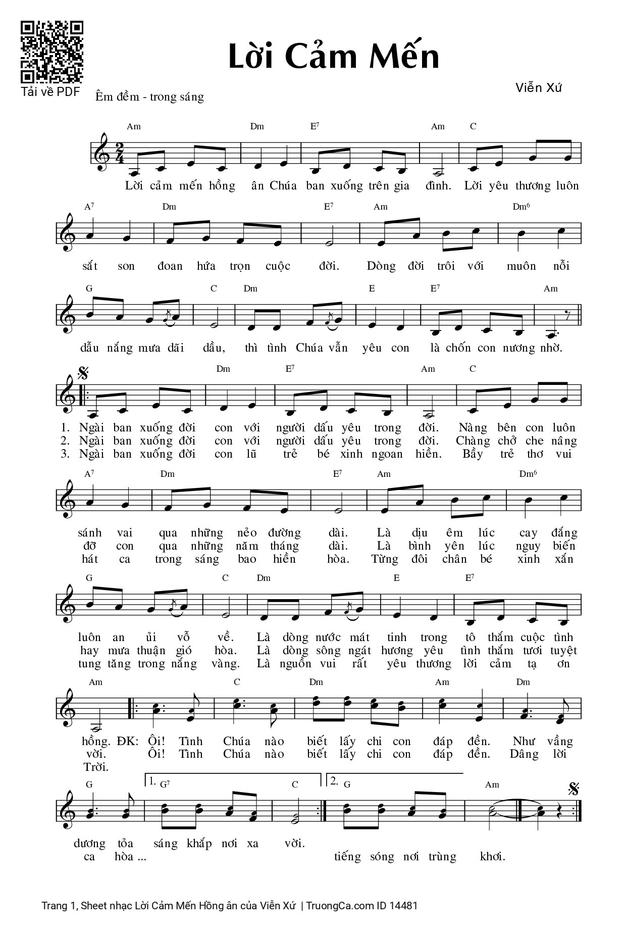 Sheet PDF of Lời Cảm Mến Hồng ân