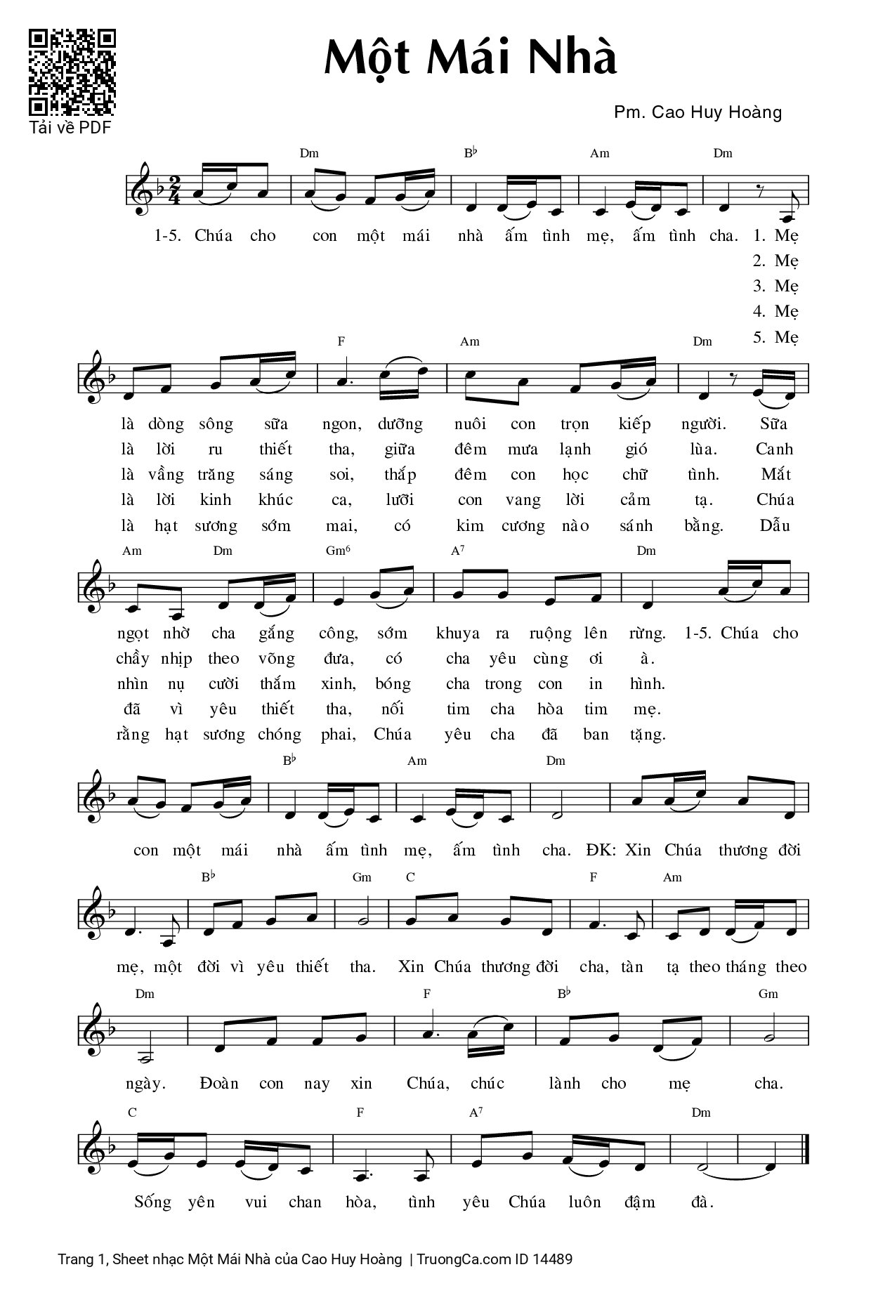 Page 1 of Sheet music PDF Một Mái Nhà - Cao Huy Hoàng