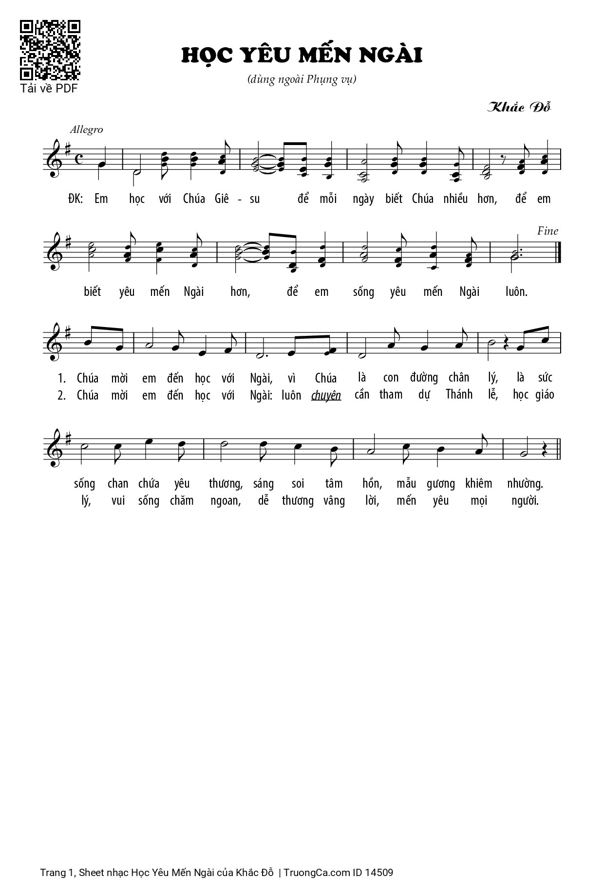 Sheet PDF of Học Yêu Mến Ngài