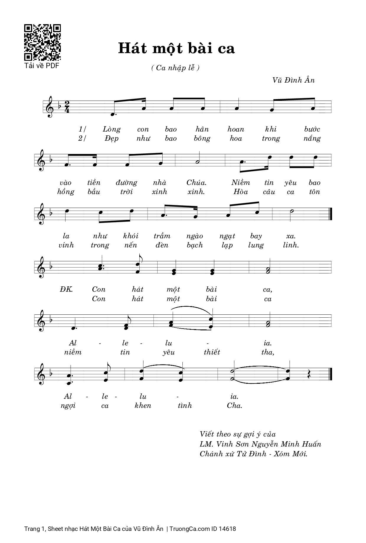 Page 1 of Sheet music PDF Hát Một Bài Ca - Vũ Đình Ân