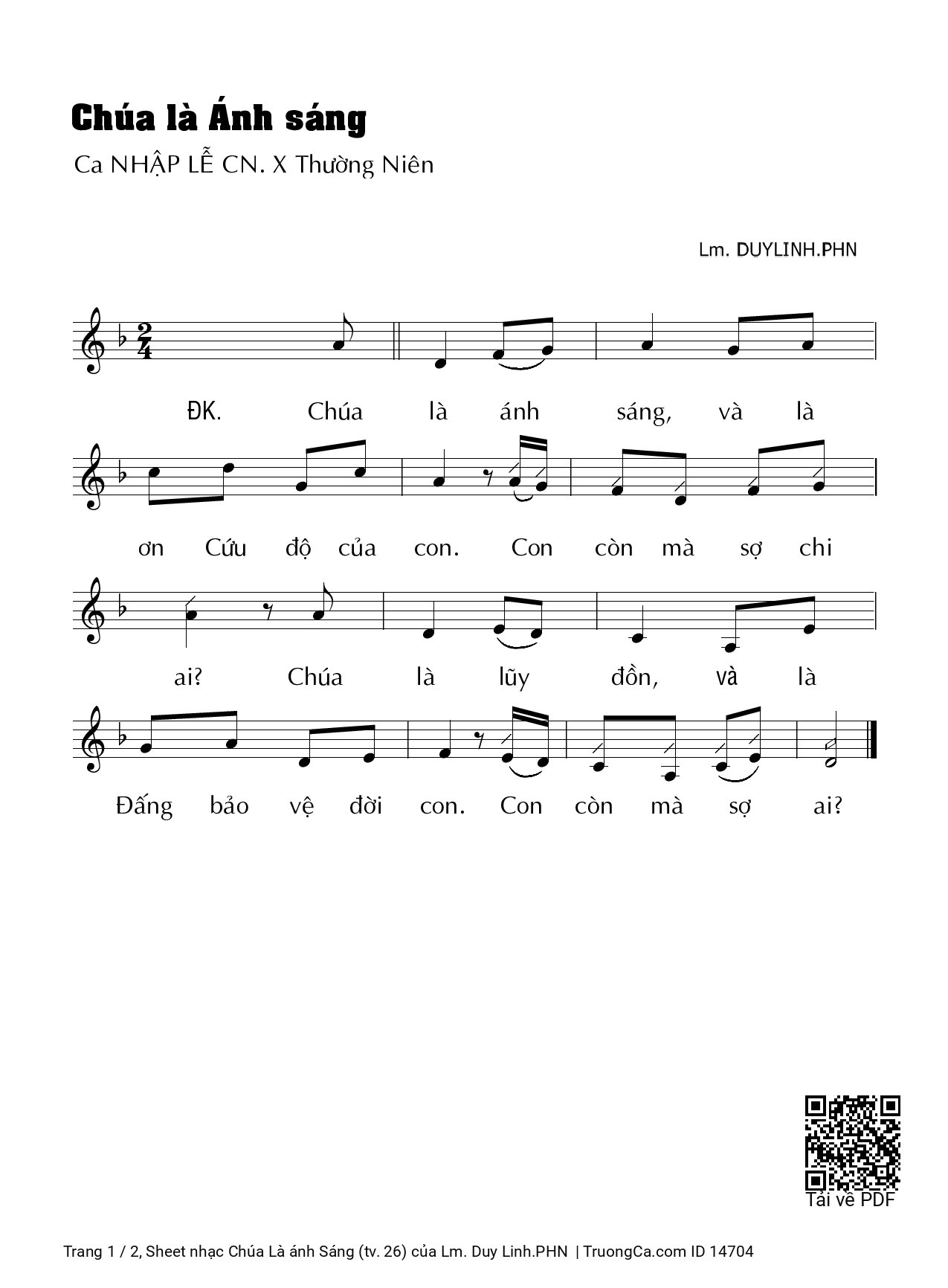 Sheet PDF of Chúa Là ánh Sáng (tv. 26)