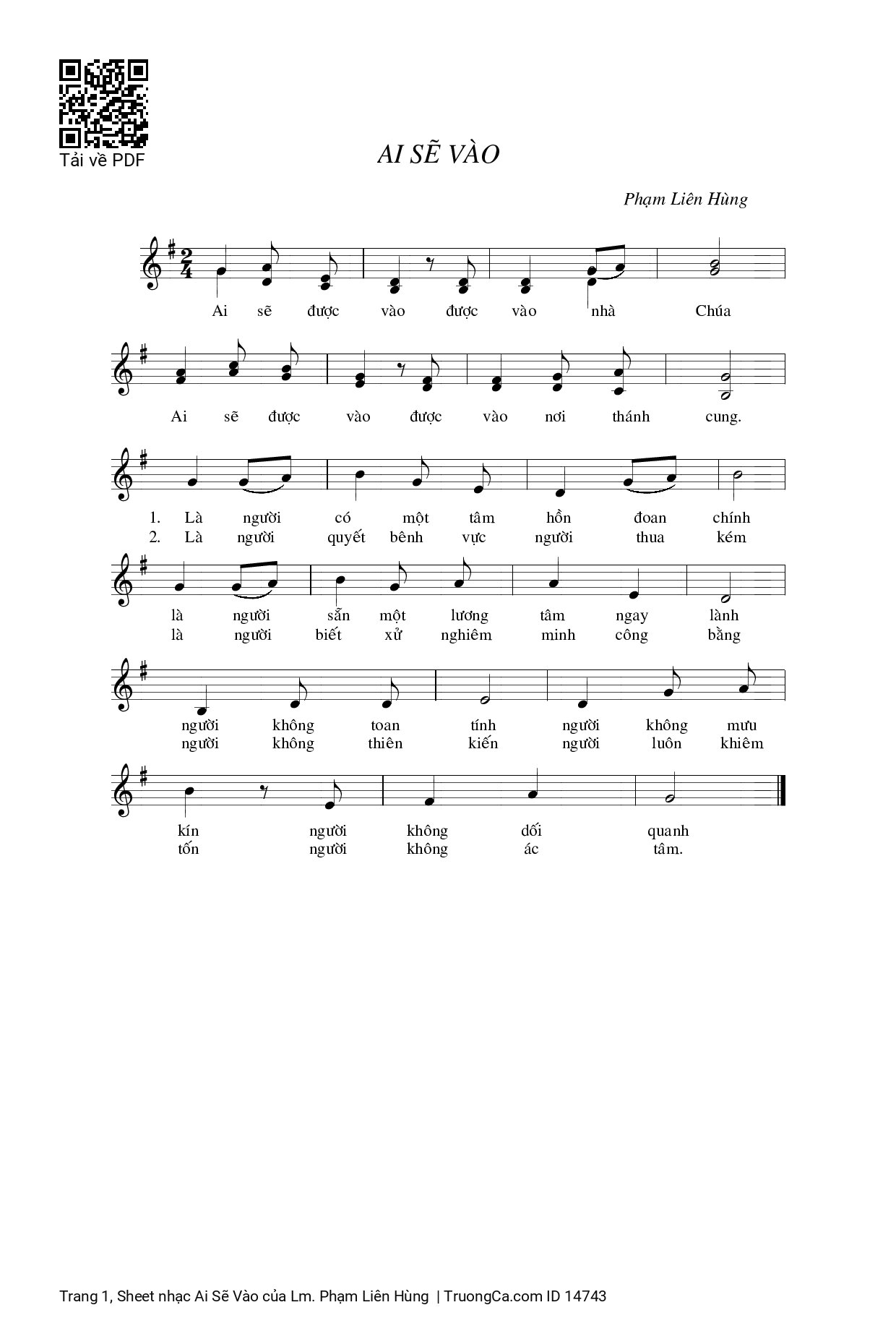 Sheet PDF of Ai Sẽ Vào - Lm. Phạm Liên Hùng