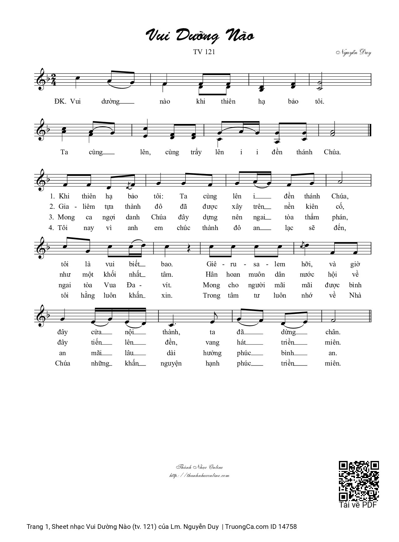 Page 1 of Sheet music PDF Vui Dường Nào (tv. 121) - Lm. Nguyễn Duy