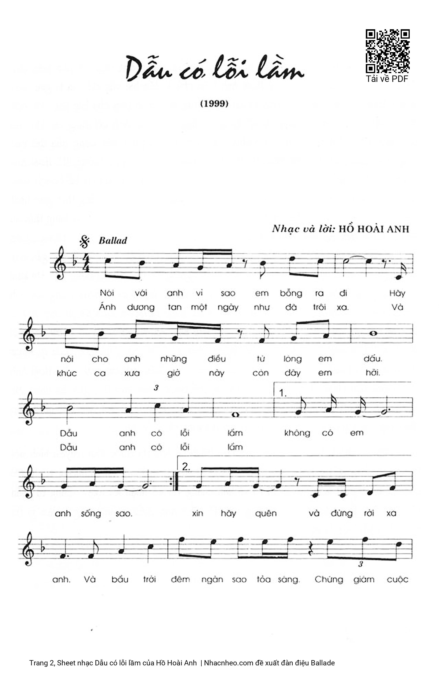 Page 2 of Sheet music PDF Dẫu có lỗi lầm - Hồ Hoài Anh
