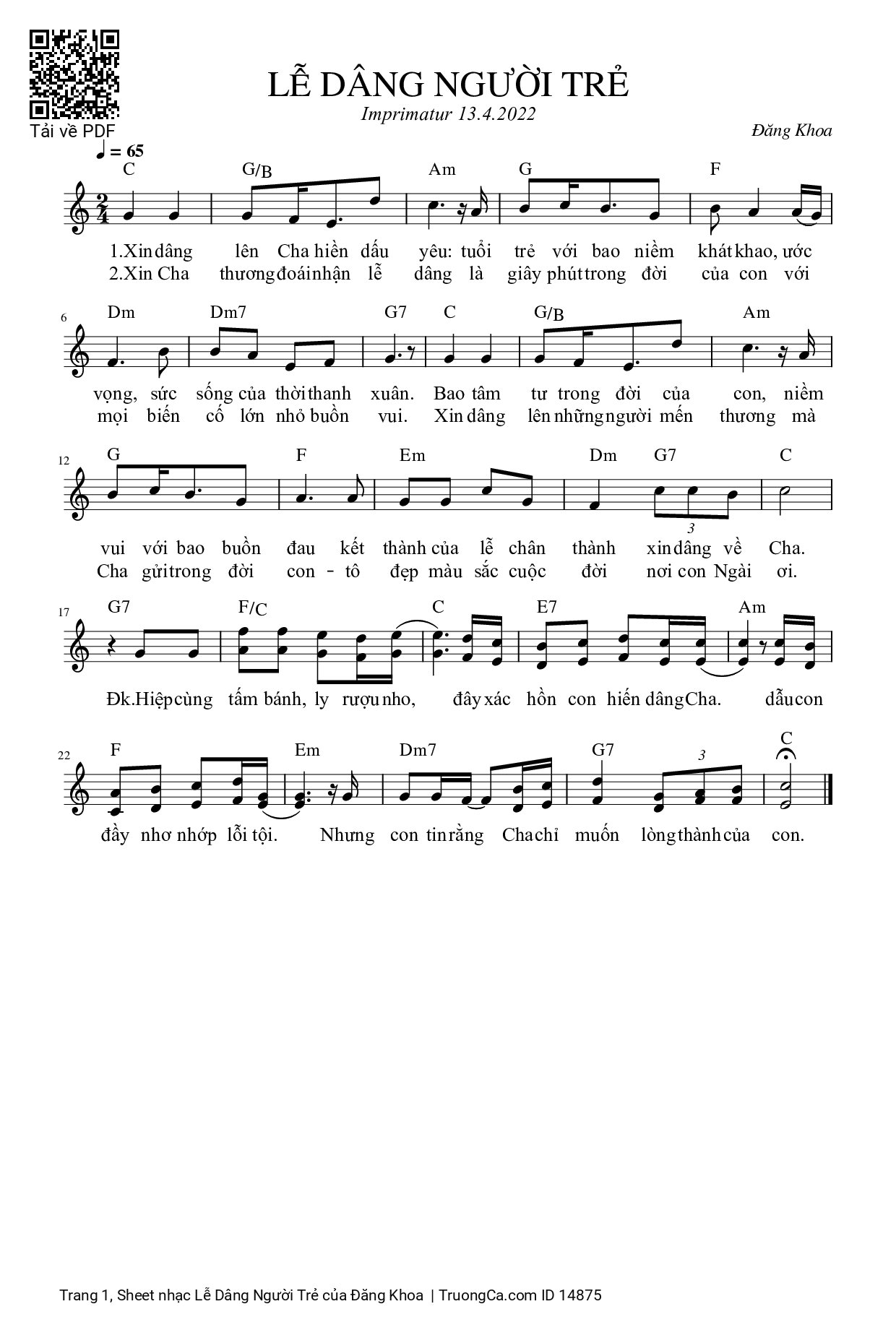 Sheet PDF of Lễ Dâng Người Trẻ