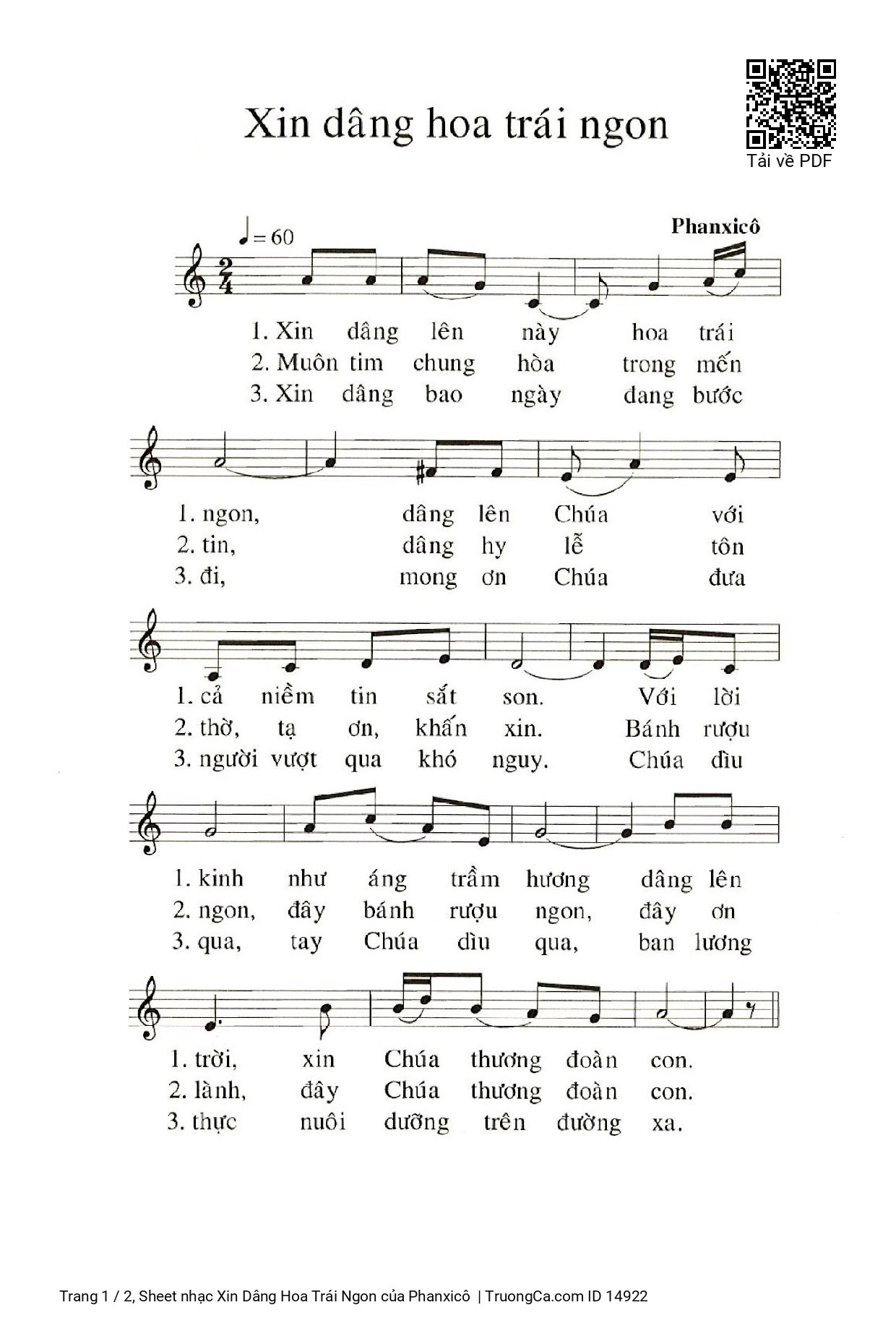 Sheet PDF of Xin Dâng Hoa Trái Ngon