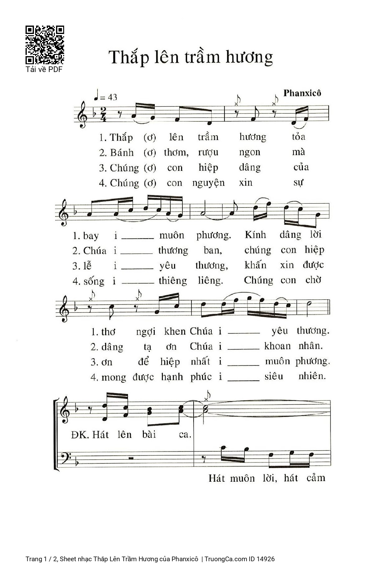 Page 1 of Sheet music PDF Thắp Lên Trầm Hương - Phanxicô
