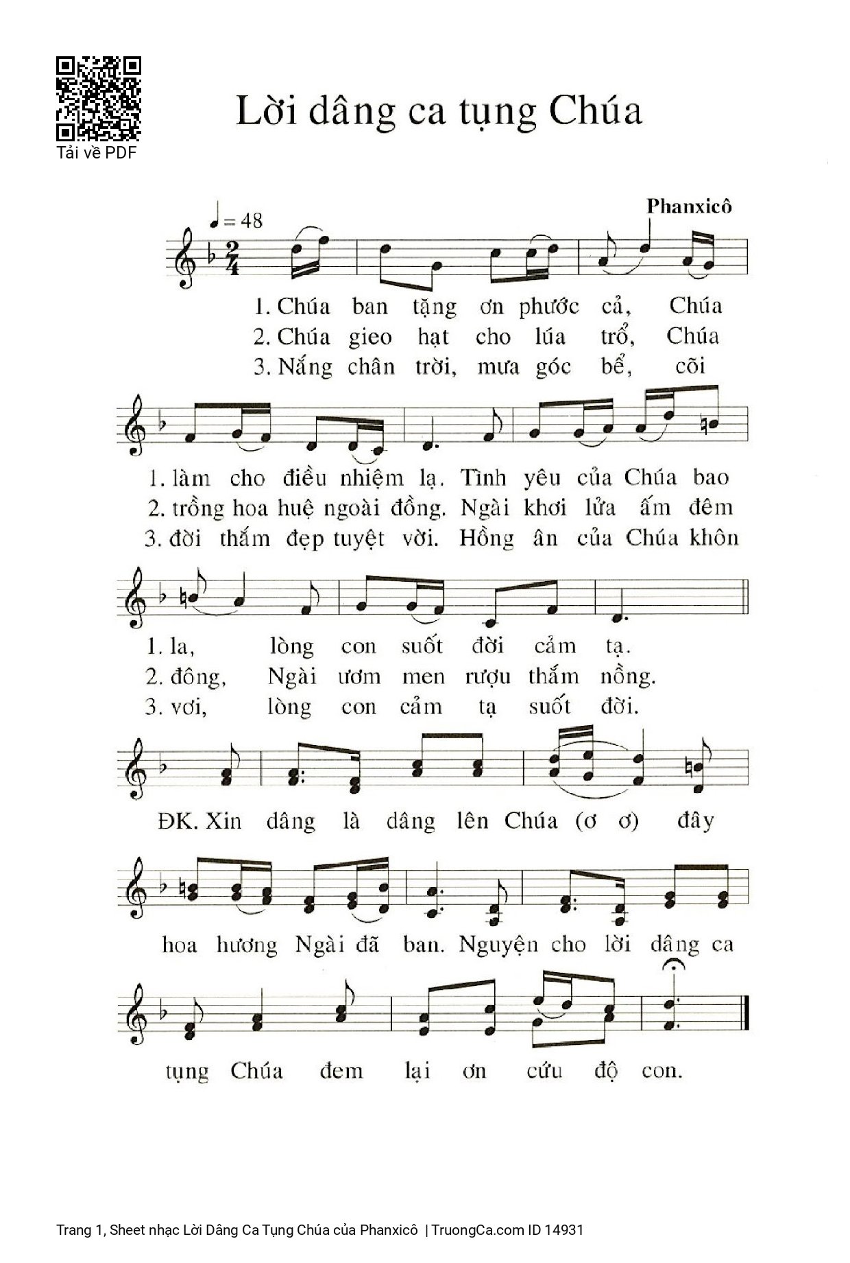 Sheet PDF of Lời Dâng Ca Tụng Chúa