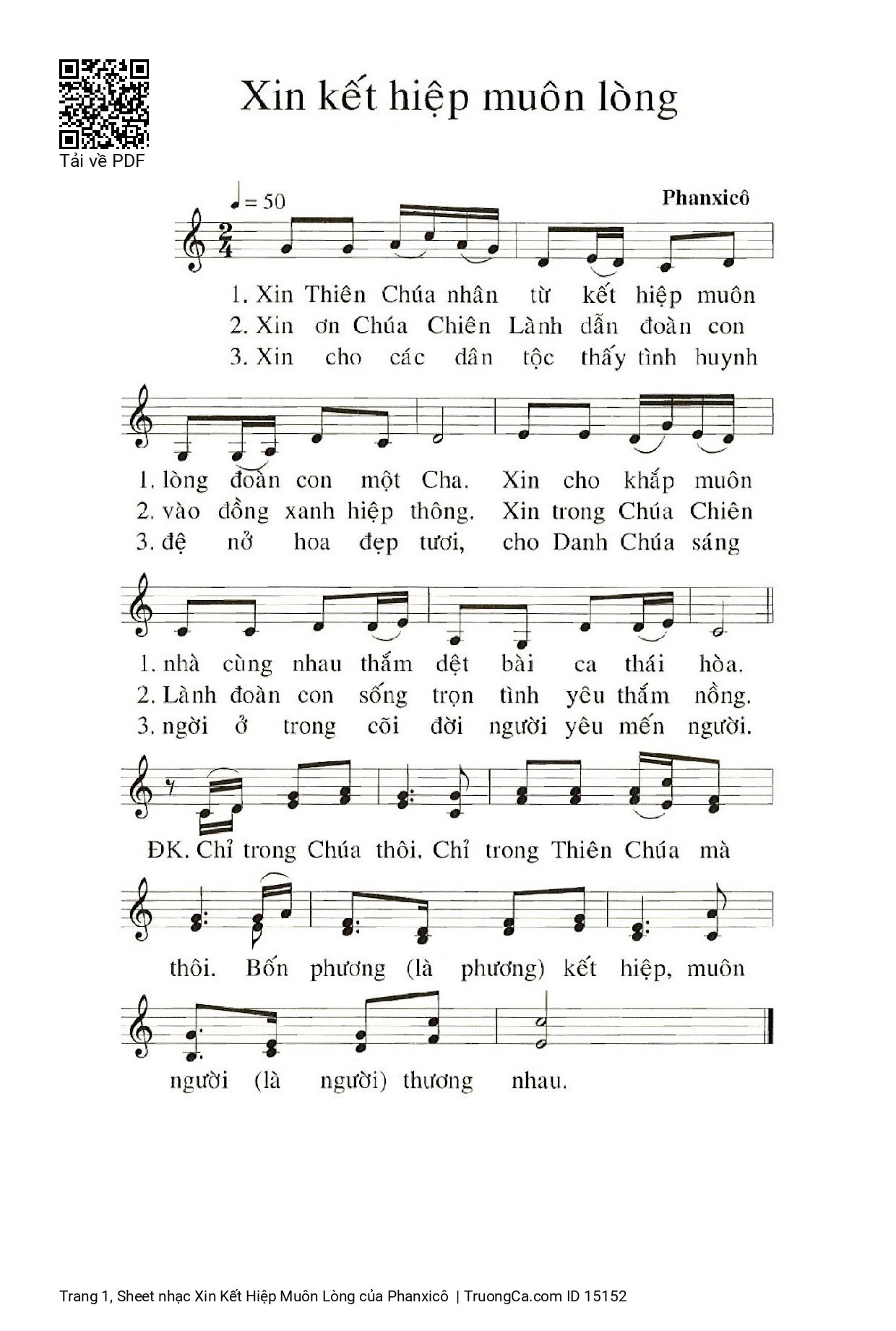 Sheet PDF of Xin Kết Hiệp Muôn Lòng