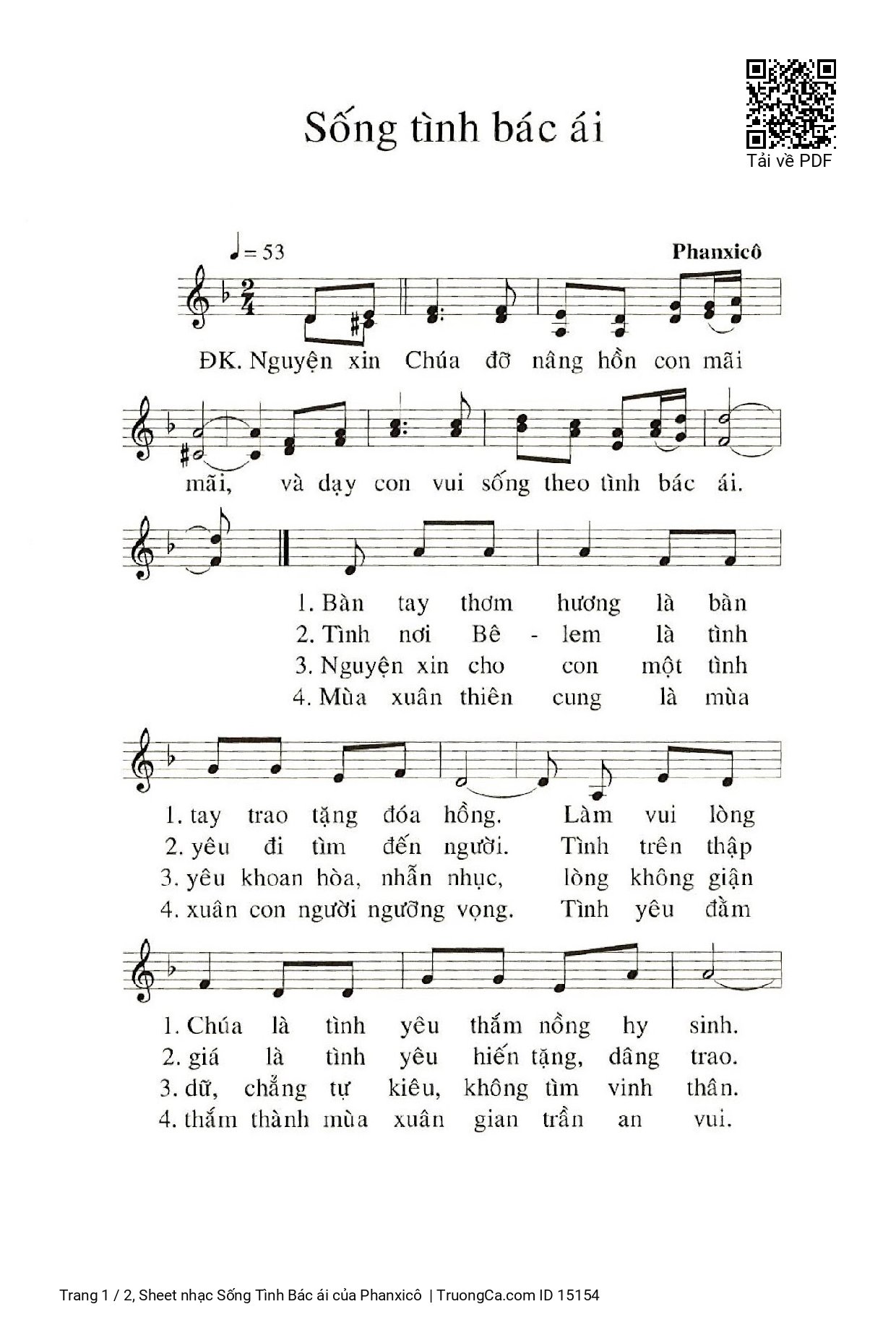 Page 1 of Sheet music PDF Sống Tình Bác ái - Phanxicô