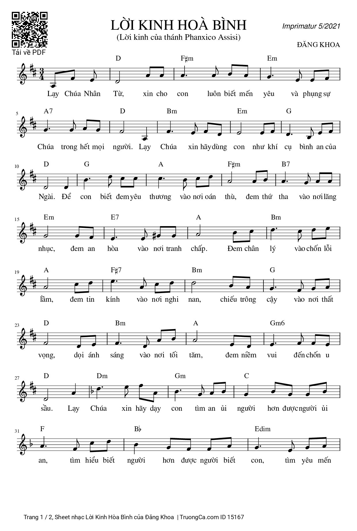 Sheet PDF of Lời Kinh Hòa Bình