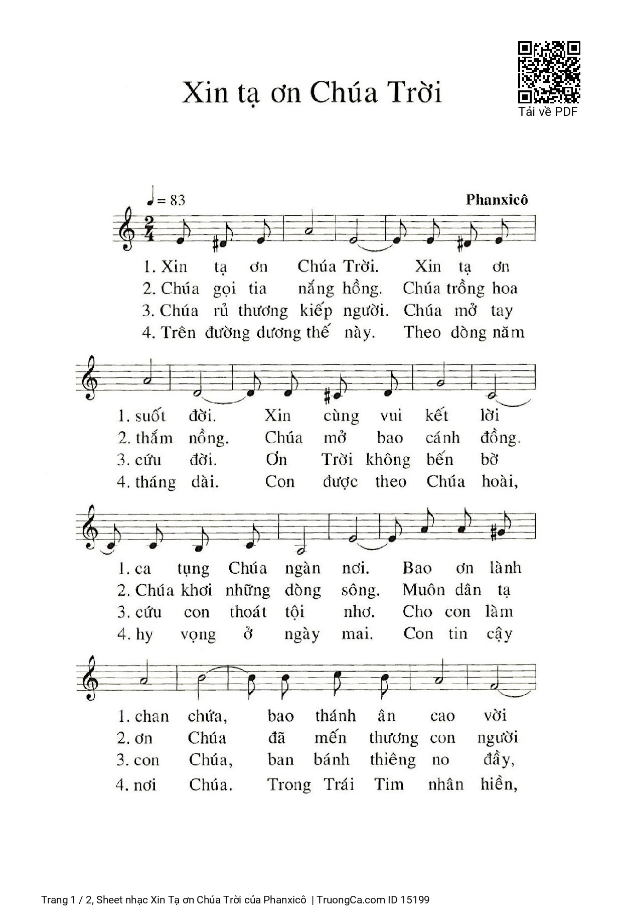 Page 1 of Sheet music PDF Xin Tạ ơn Chúa Trời - Phanxicô