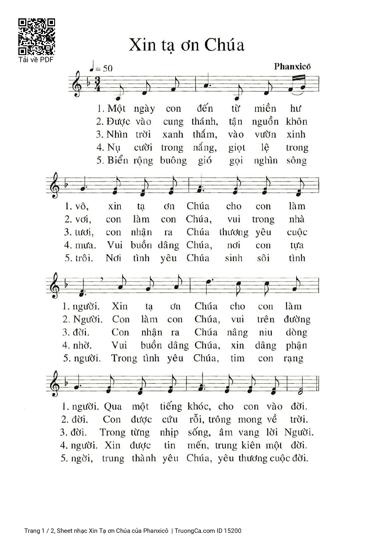 Page 1 of Sheet music PDF Xin Tạ ơn Chúa - Phanxicô