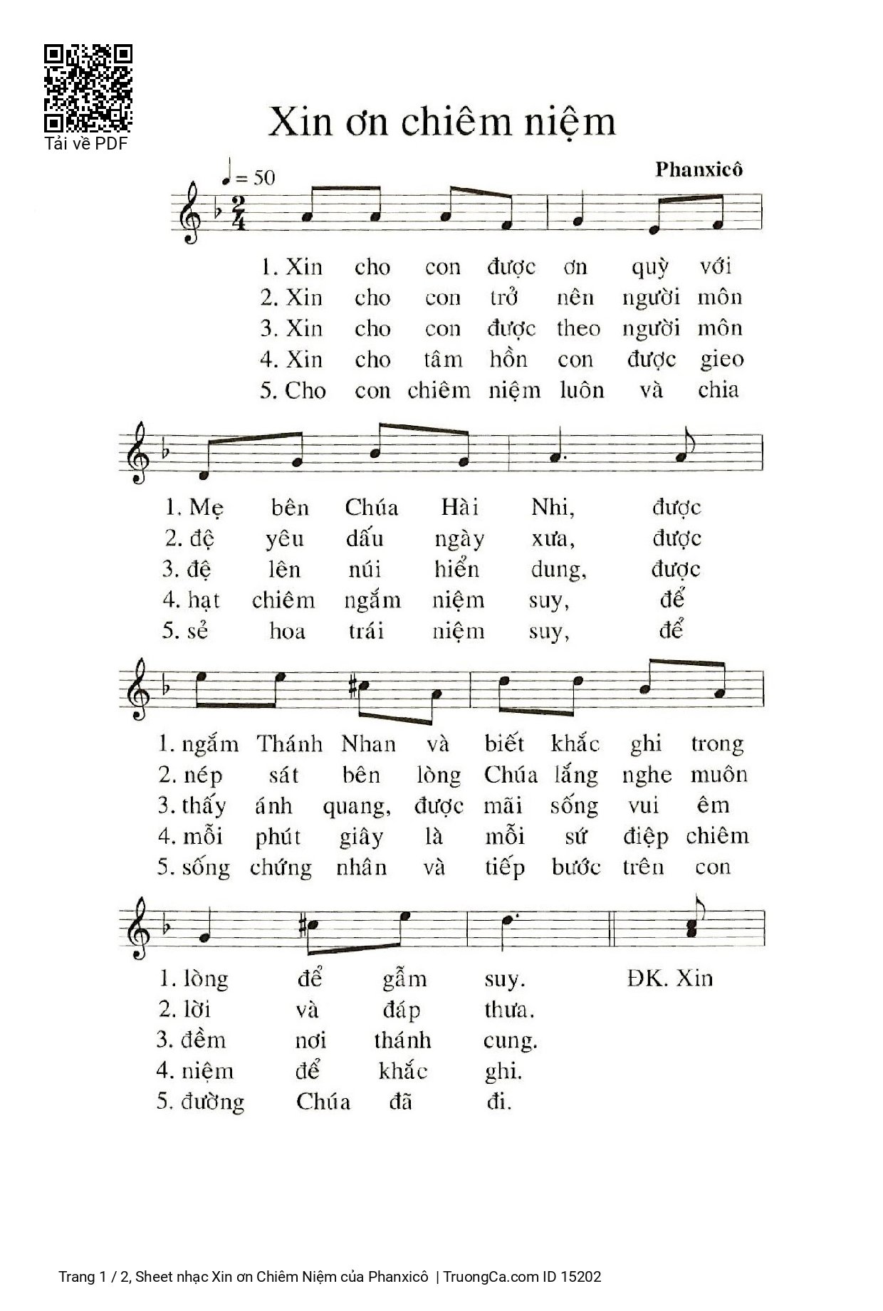 Sheet PDF of Xin ơn Chiêm Niệm