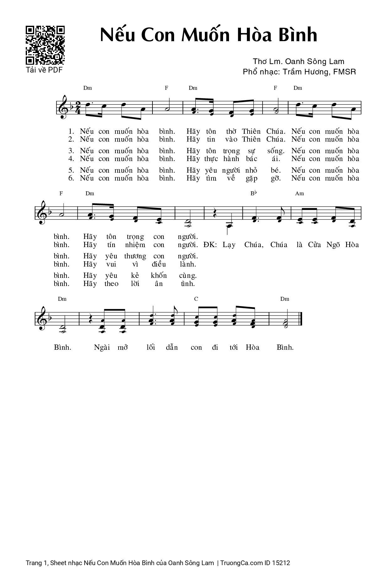 Page 1 of Sheet music PDF Nếu Con Muốn Hòa Bình - Oanh Sông Lam