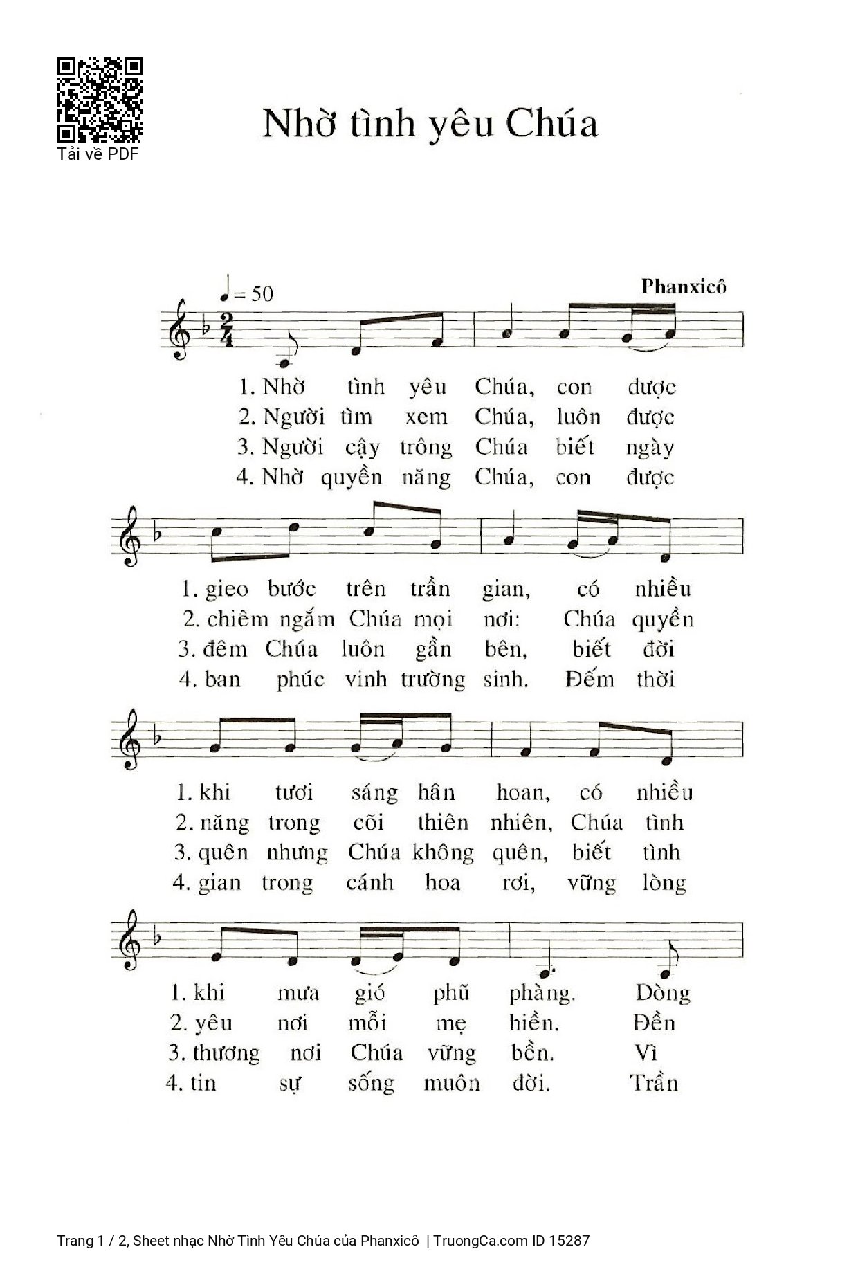 Page 1 of Sheet music PDF Nhờ Tình Yêu Chúa - Phanxicô