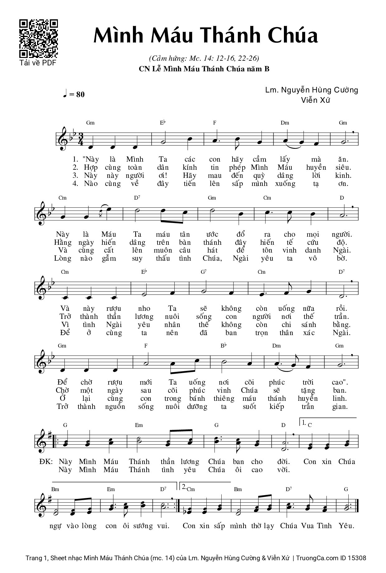 Sheet PDF of Mình Máu Thánh Chúa (mc. 14)