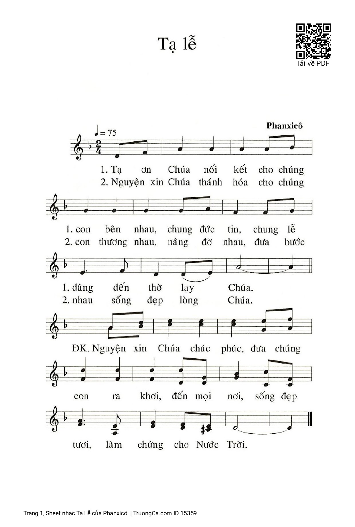 Page 1 of Sheet music PDF Tạ Lễ - Phanxicô