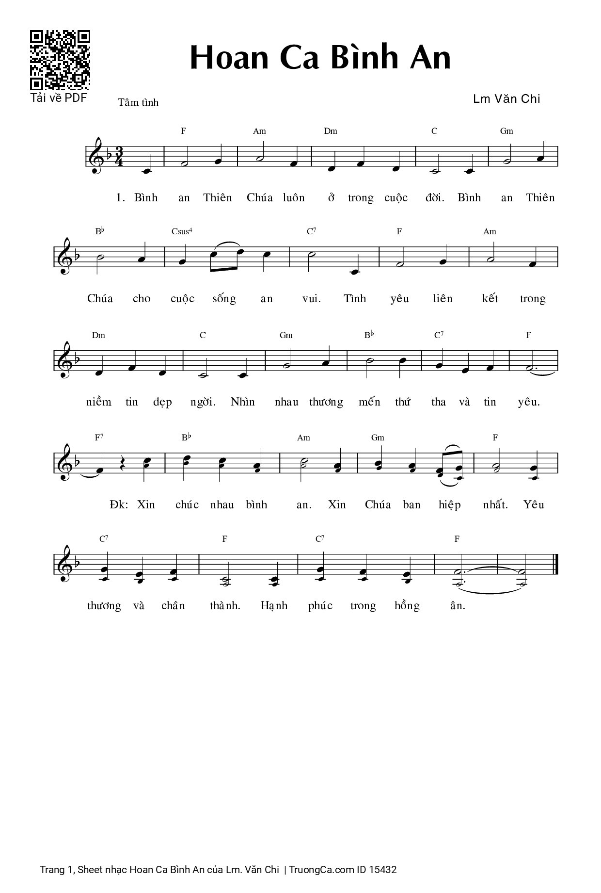 Page 1 of Sheet music PDF Hoan Ca Bình An - Lm. Văn Chi