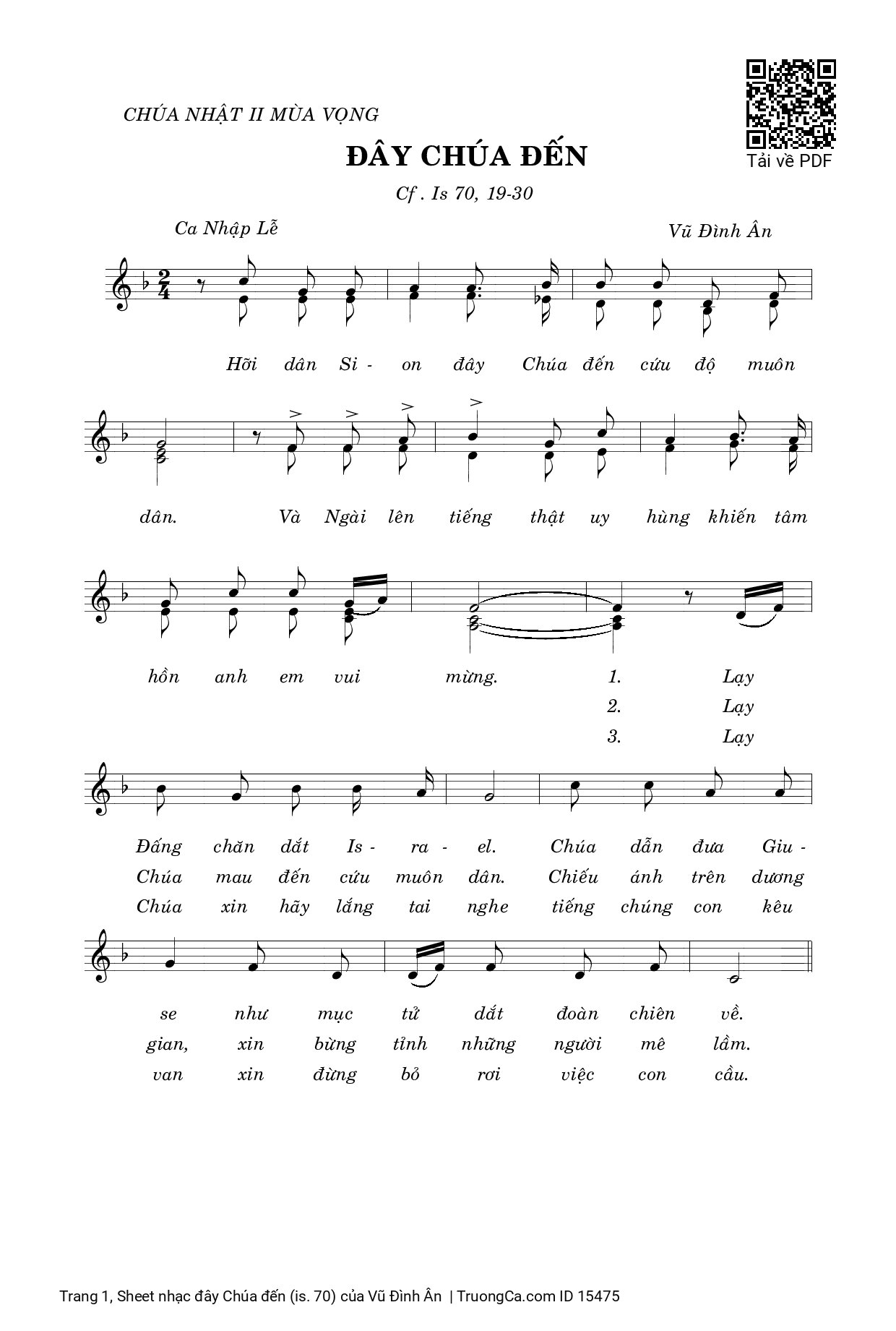 Page 1 of Sheet music PDF đây Chúa đến (is. 70) - Vũ Đình Ân