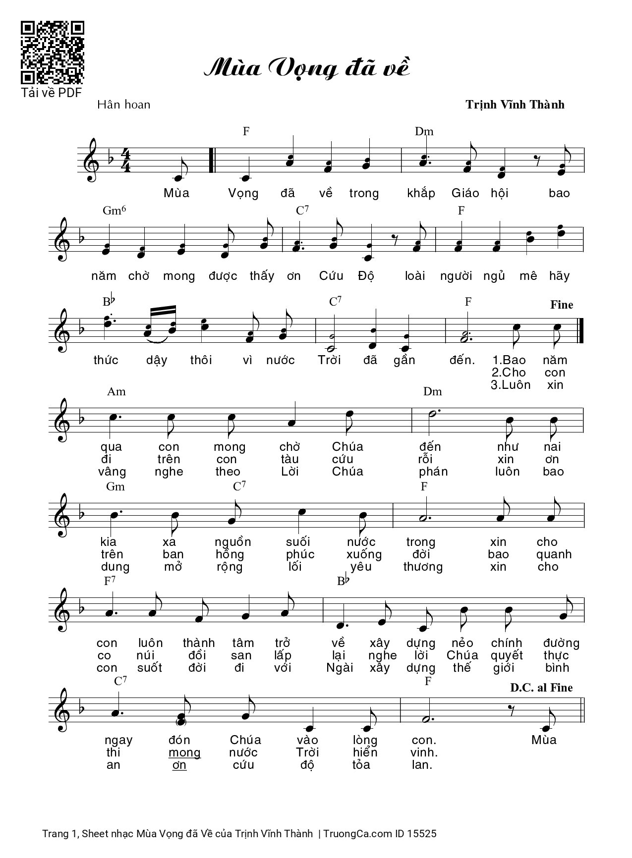 Page 1 of Sheet music PDF Mùa Vọng đã Về - Trịnh Vĩnh Thành