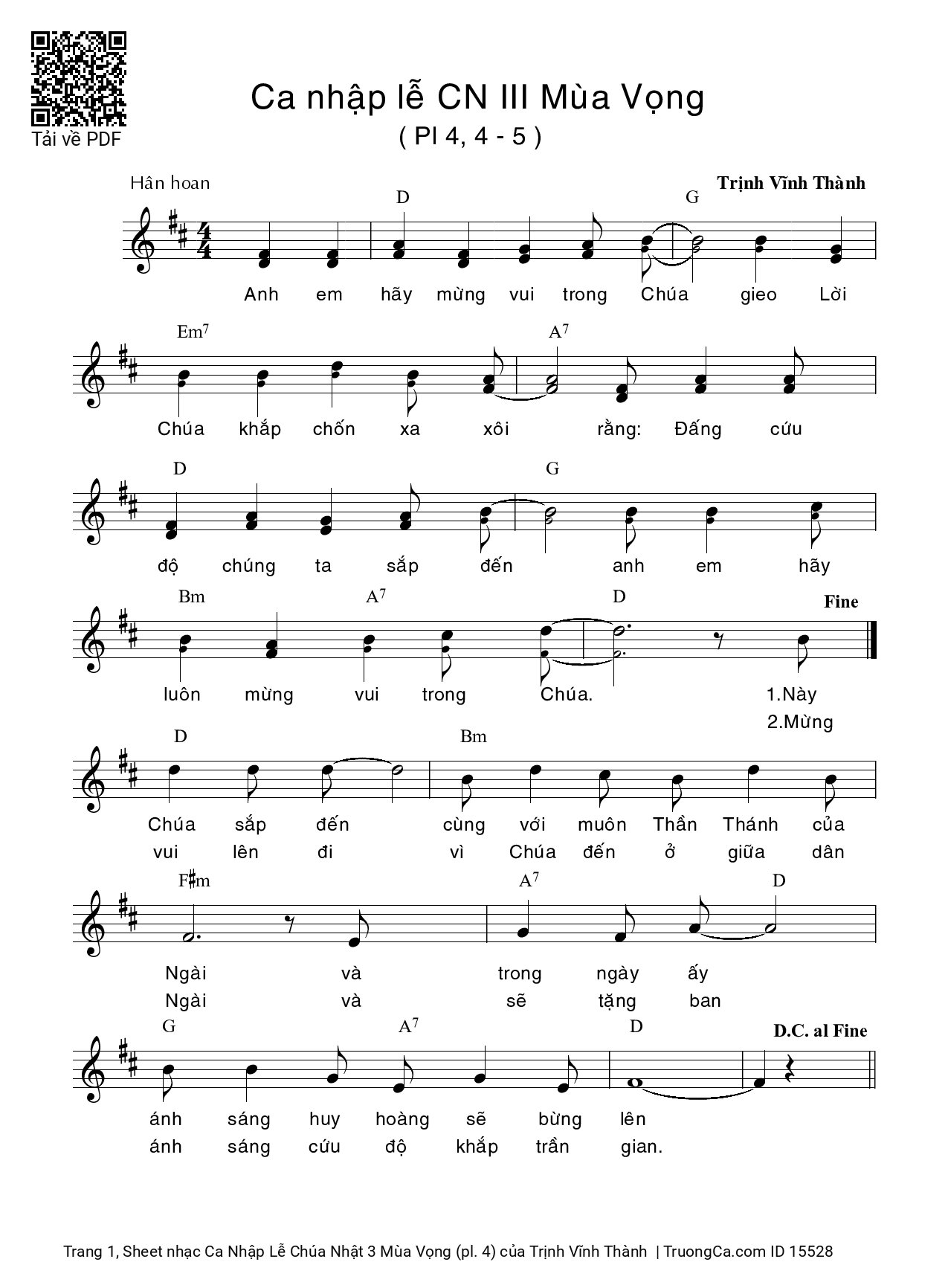 Page 1 of Sheet music PDF Ca Nhập Lễ Chúa Nhật 3 Mùa Vọng (pl. 4) - Trịnh Vĩnh Thành