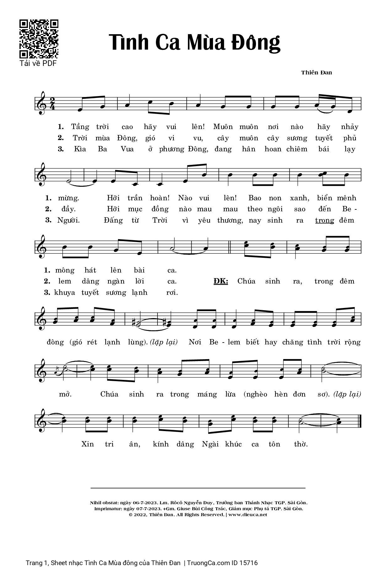 Sheet PDF of Tình Ca Mùa đông