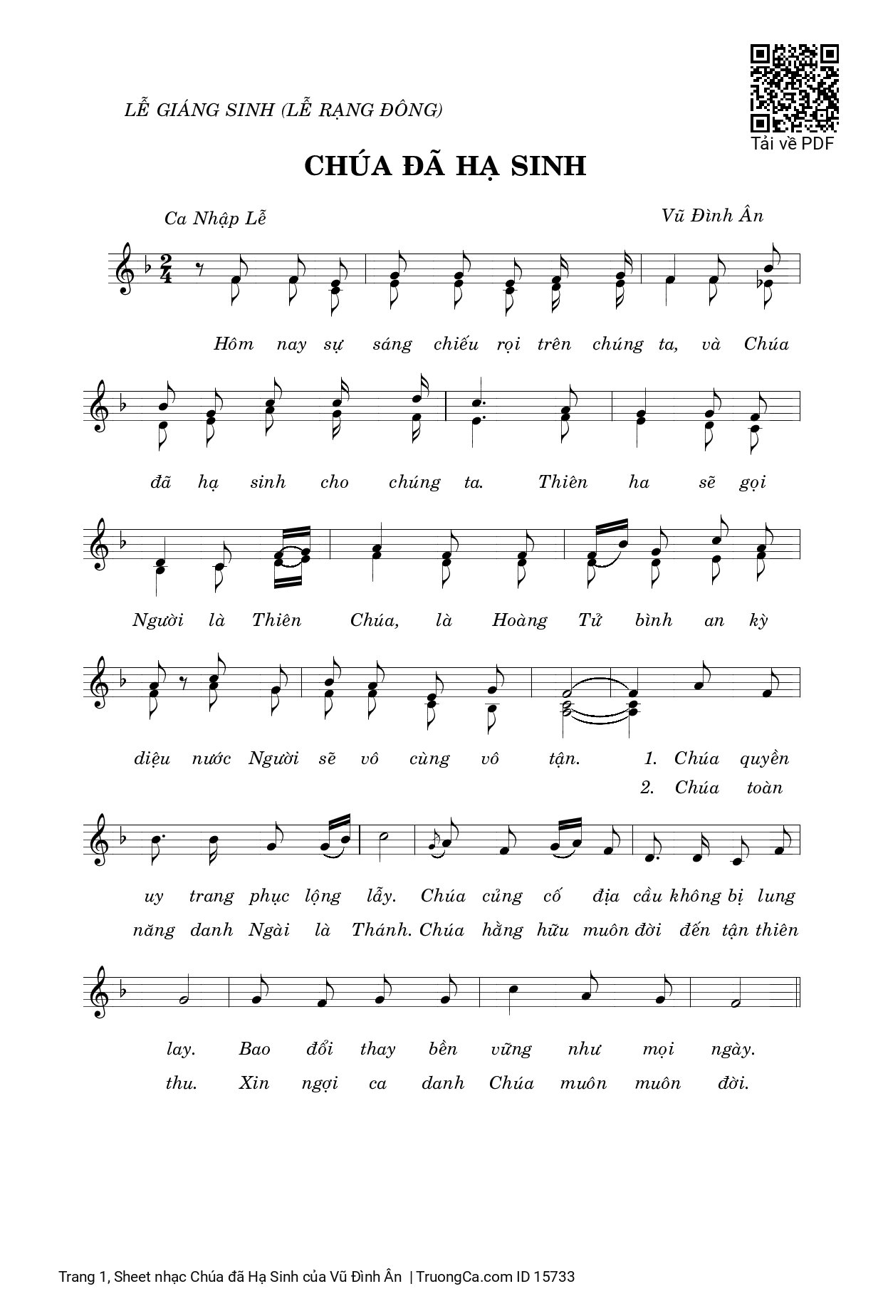 Page 1 of Sheet music PDF Chúa đã Hạ Sinh - Vũ Đình Ân